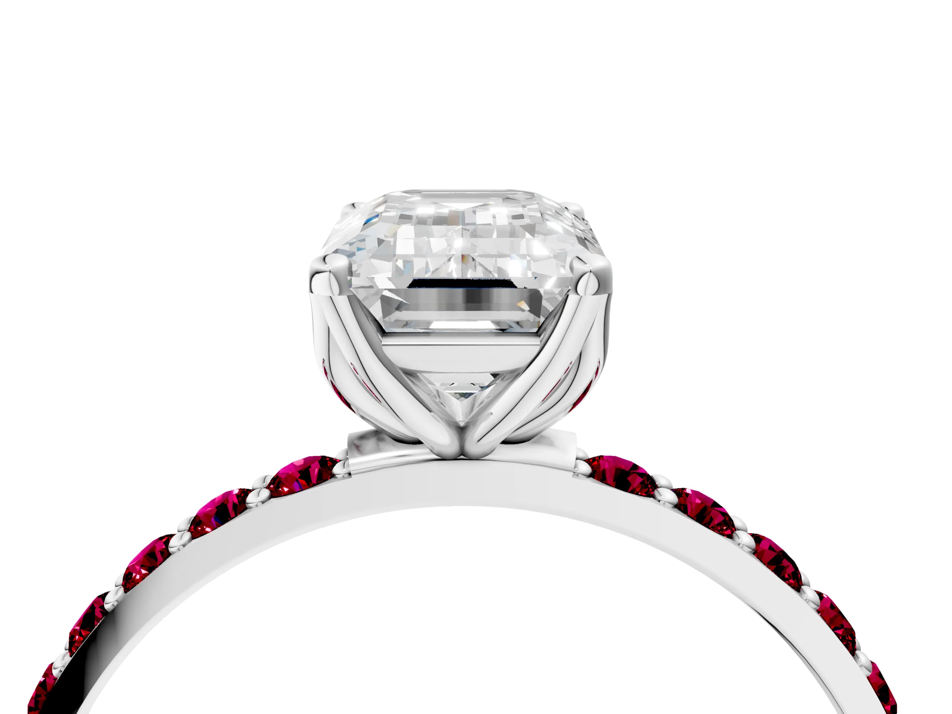 White gold Emerald Cut Diamond Solitaire Engagement Ring with Round with Garnet side stone Pavé Band and Prong Setting_28