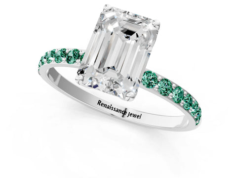White gold Emerald Cut Diamond Solitaire Engagement Ring with Round with Green Sapphire side stone Pavé Band and Prong Setting_13
