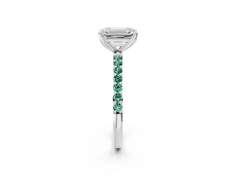 White gold Emerald Cut Diamond Solitaire Engagement Ring with Round with Green Sapphire side stone Pavé Band and Prong Setting_14