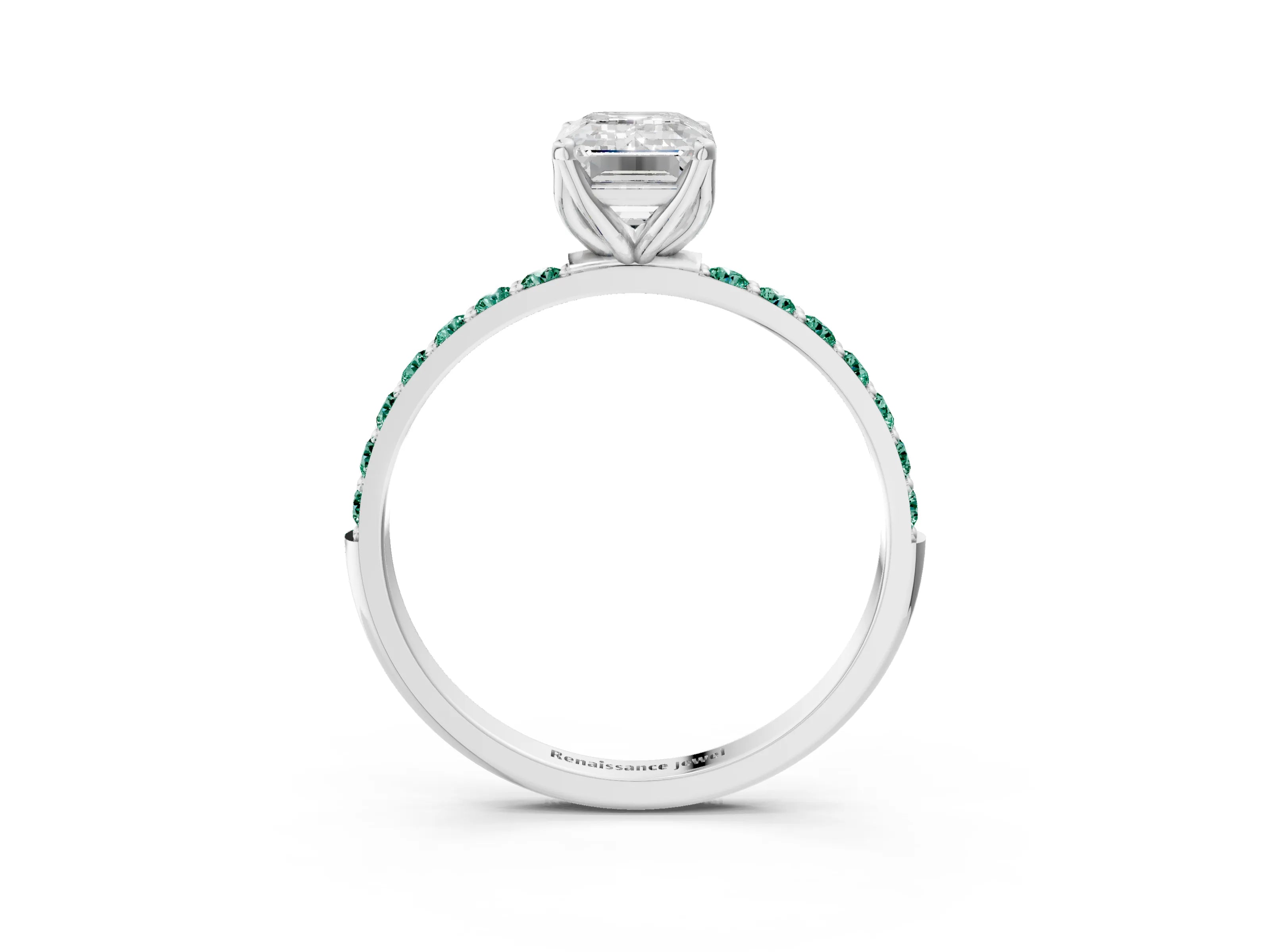 White gold Emerald Cut Diamond Solitaire Engagement Ring with Round with Green Sapphire side stone Pavé Band and Prong Setting_15