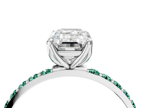 White gold Emerald Cut Diamond Solitaire Engagement Ring with Round with Green Sapphire side stone Pavé Band and Prong Setting_16