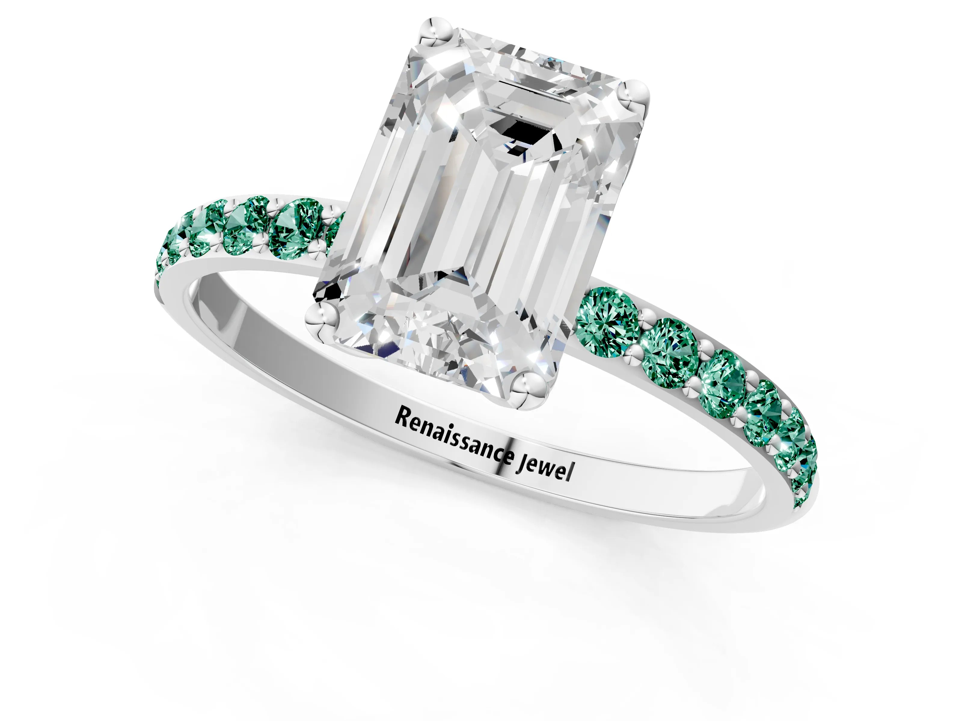 White gold Emerald Cut Diamond Solitaire Engagement Ring with Round with Green Sapphire side stone Pavé Band and Prong Setting_1