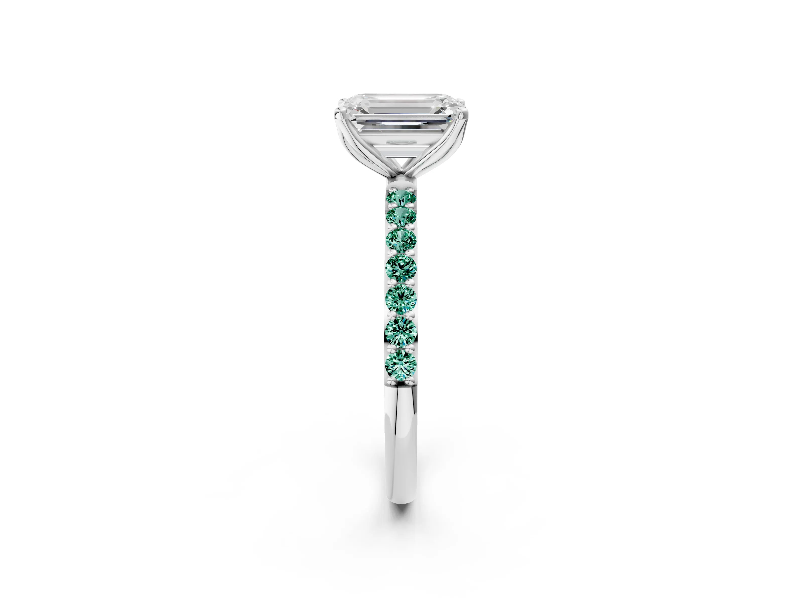 White gold Emerald Cut Diamond Solitaire Engagement Ring with Round with Green Sapphire side stone Pavé Band and Prong Setting_2