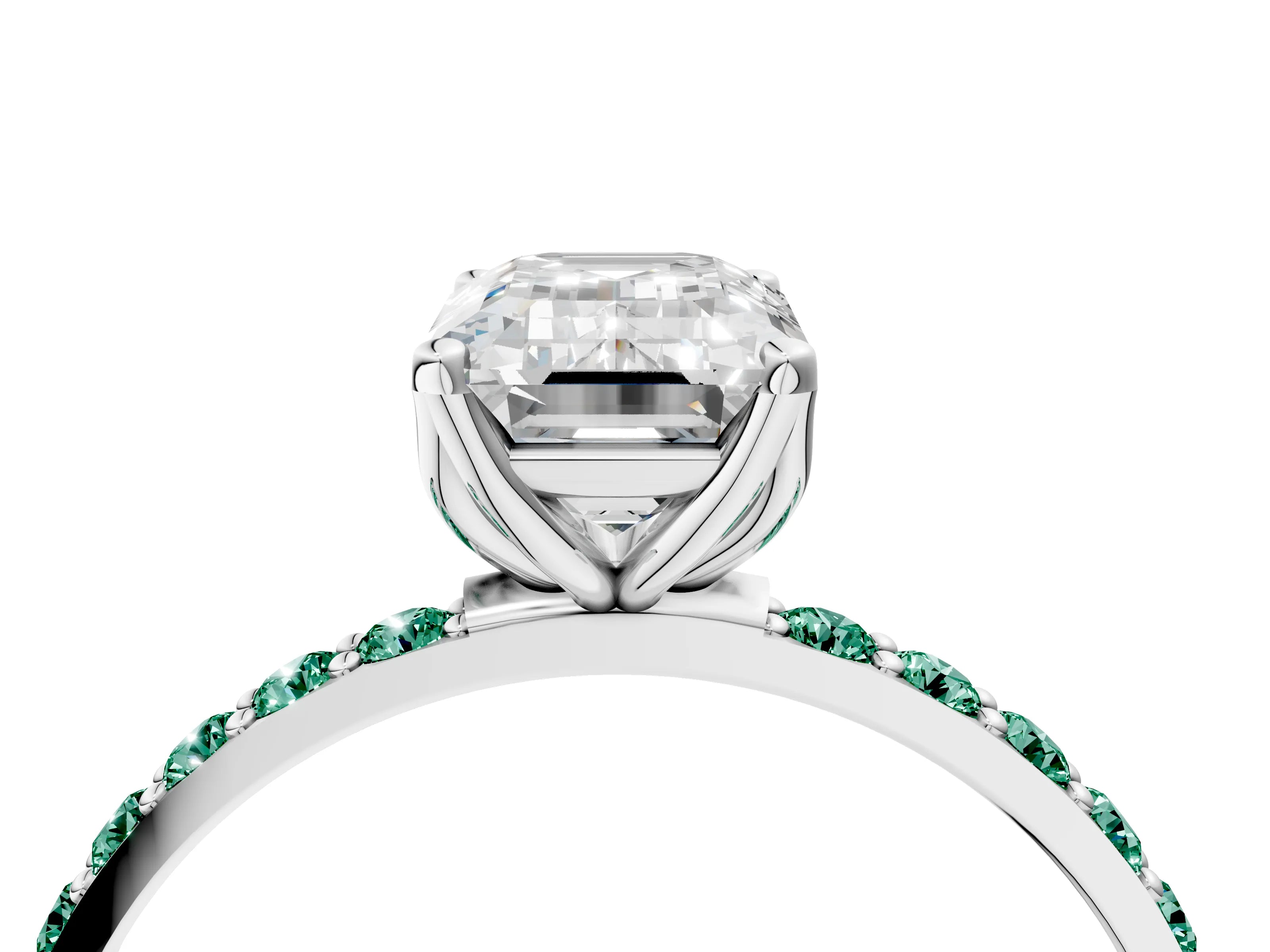 White gold Emerald Cut Diamond Solitaire Engagement Ring with Round with Green Sapphire side stone Pavé Band and Prong Setting_4