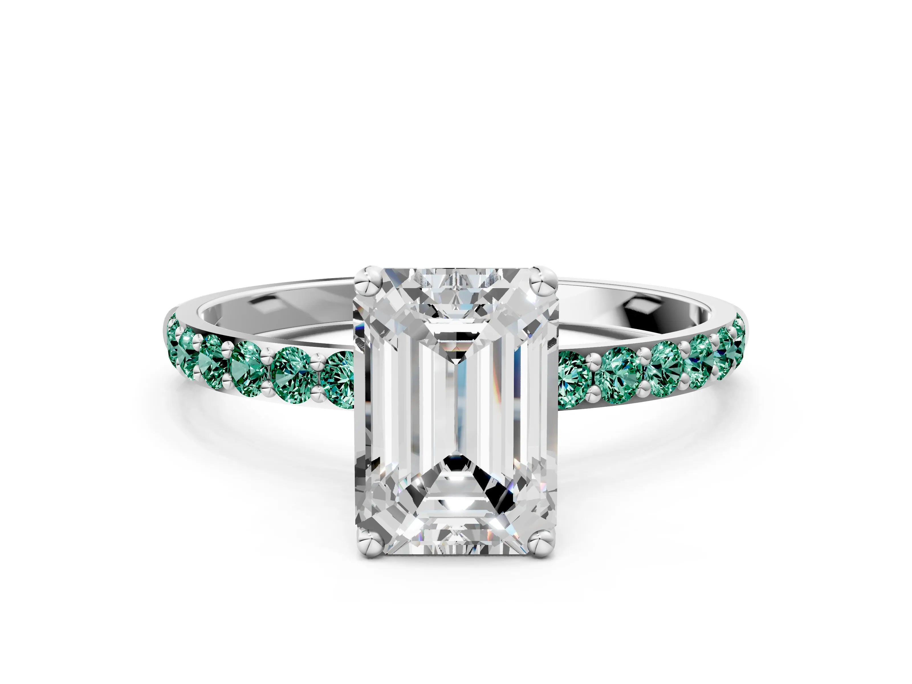 White gold Emerald Cut Diamond Solitaire Engagement Ring with Round with Green Sapphire side stone Pavé Band and Prong Setting