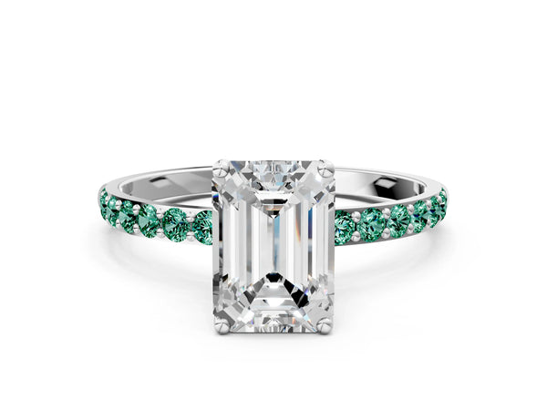 Platinum Emerald Cut Diamond Solitaire Engagement Ring with Round with Green Sapphire side stone Pavé Band and Prong Setting