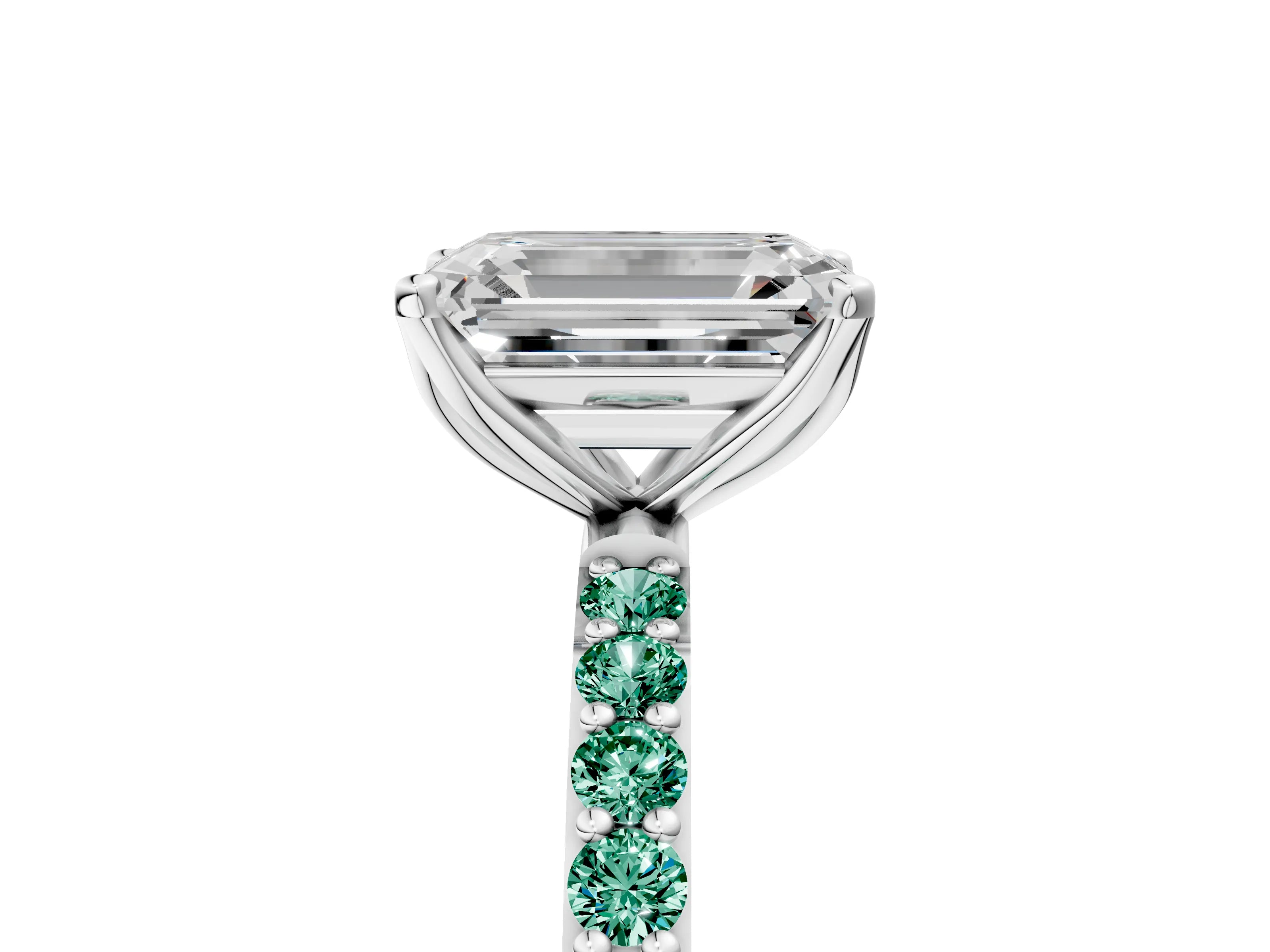 White gold Emerald Cut Diamond Solitaire Engagement Ring with Round with Green Sapphire side stone Pavé Band and Prong Setting_5