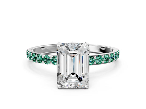 White gold Emerald Cut Diamond Solitaire Engagement Ring with Round with Green Sapphire side stone Pavé Band and Prong Setting