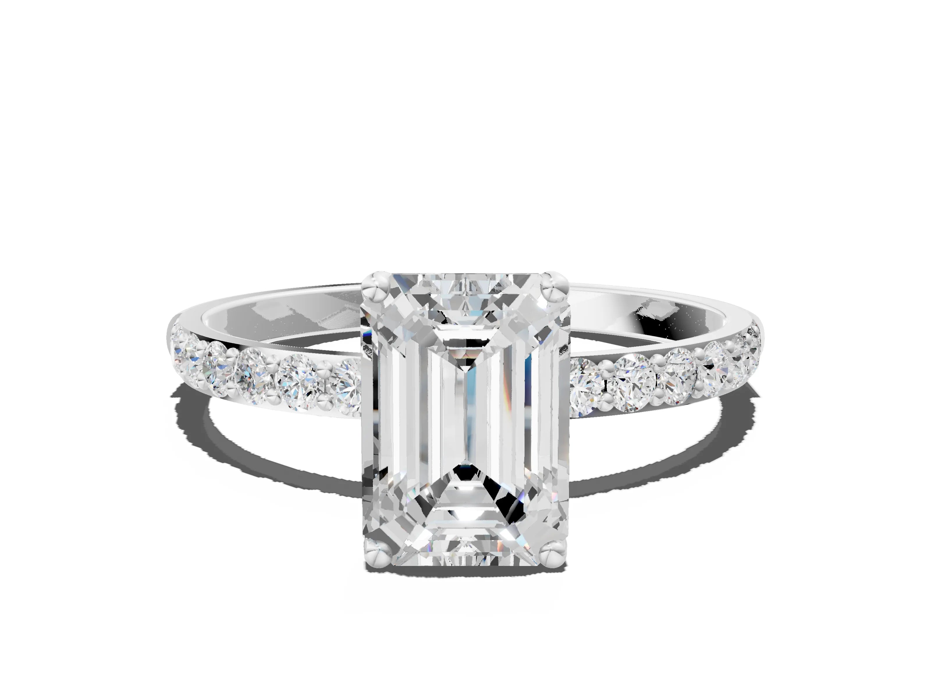 White gold Emerald Cut Diamond Solitaire Engagement Ring with Round with Moissanite side stone Pavé Band and Prong Setting_12