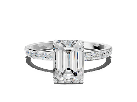 White gold Emerald Cut Diamond Solitaire Engagement Ring with Round with Moissanite side stone Pavé Band and Prong Setting_12