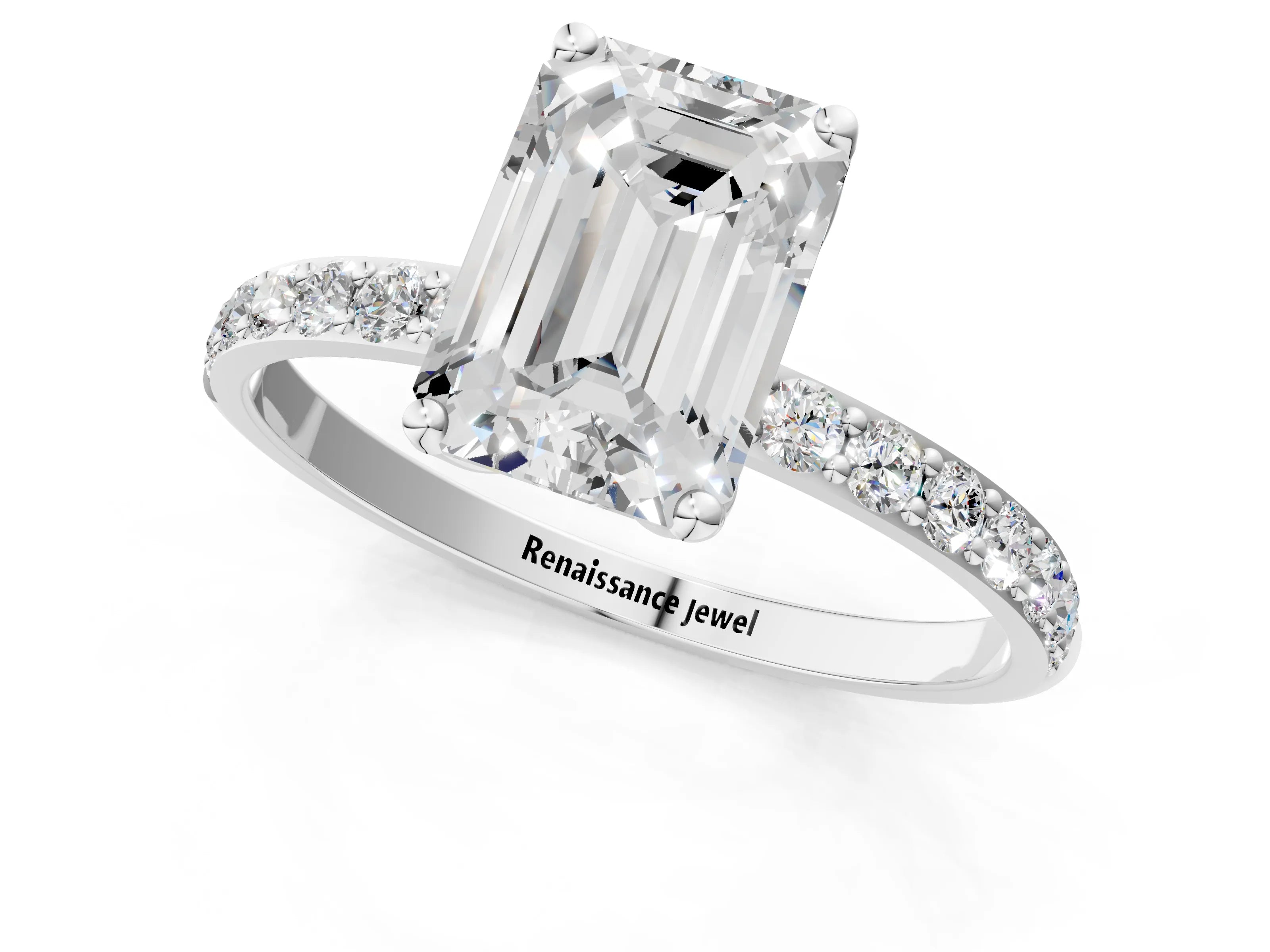 White gold Emerald Cut Diamond Solitaire Engagement Ring with Round with Moissanite side stone Pavé Band and Prong Setting_13