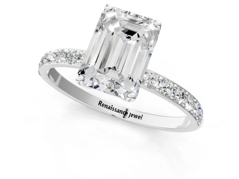 White gold Emerald Cut Diamond Solitaire Engagement Ring with Round with Moissanite side stone Pavé Band and Prong Setting_13