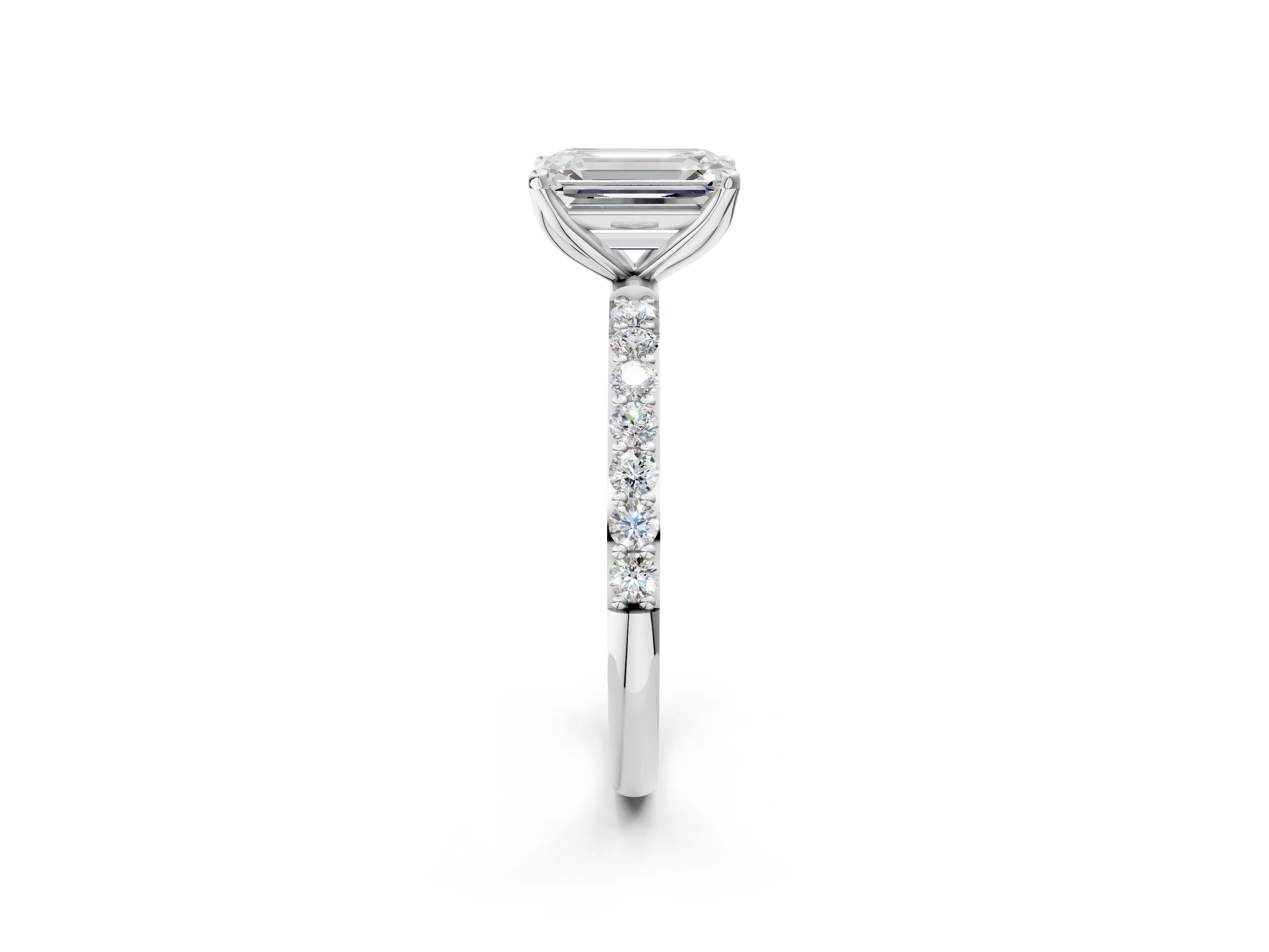 White gold Emerald Cut Diamond Solitaire Engagement Ring with Round with Moissanite side stone Pavé Band and Prong Setting_14