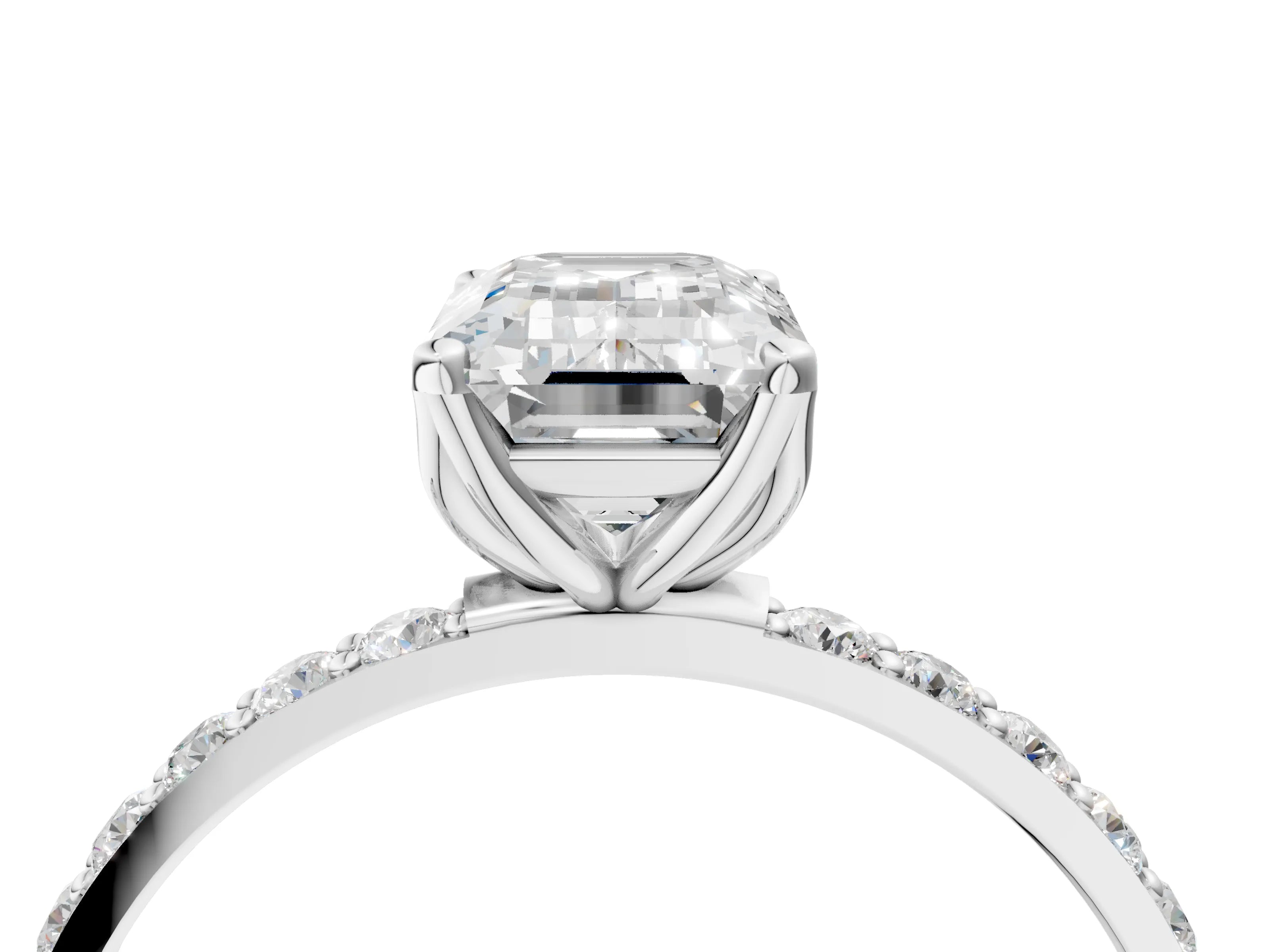 White gold Emerald Cut Diamond Solitaire Engagement Ring with Round with Moissanite side stone Pavé Band and Prong Setting_16