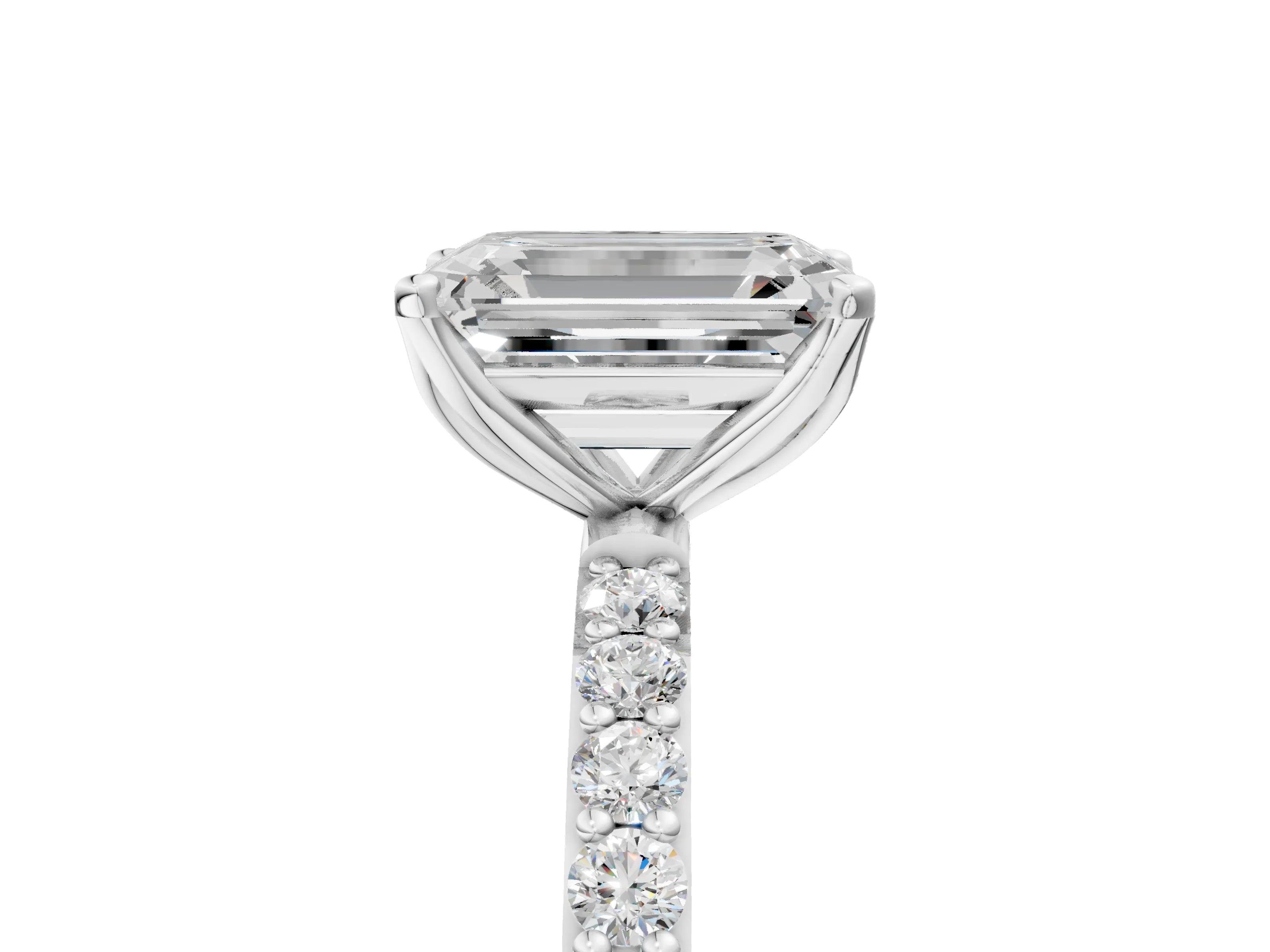 White gold Emerald Cut Diamond Solitaire Engagement Ring with Round with Moissanite side stone Pavé Band and Prong Setting_17
