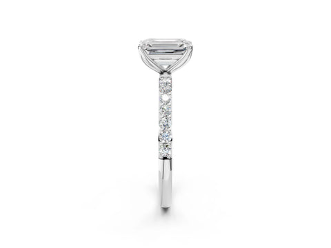 White gold Emerald Cut Diamond Solitaire Engagement Ring with Round with Moissanite side stone Pavé Band and Prong Setting_26