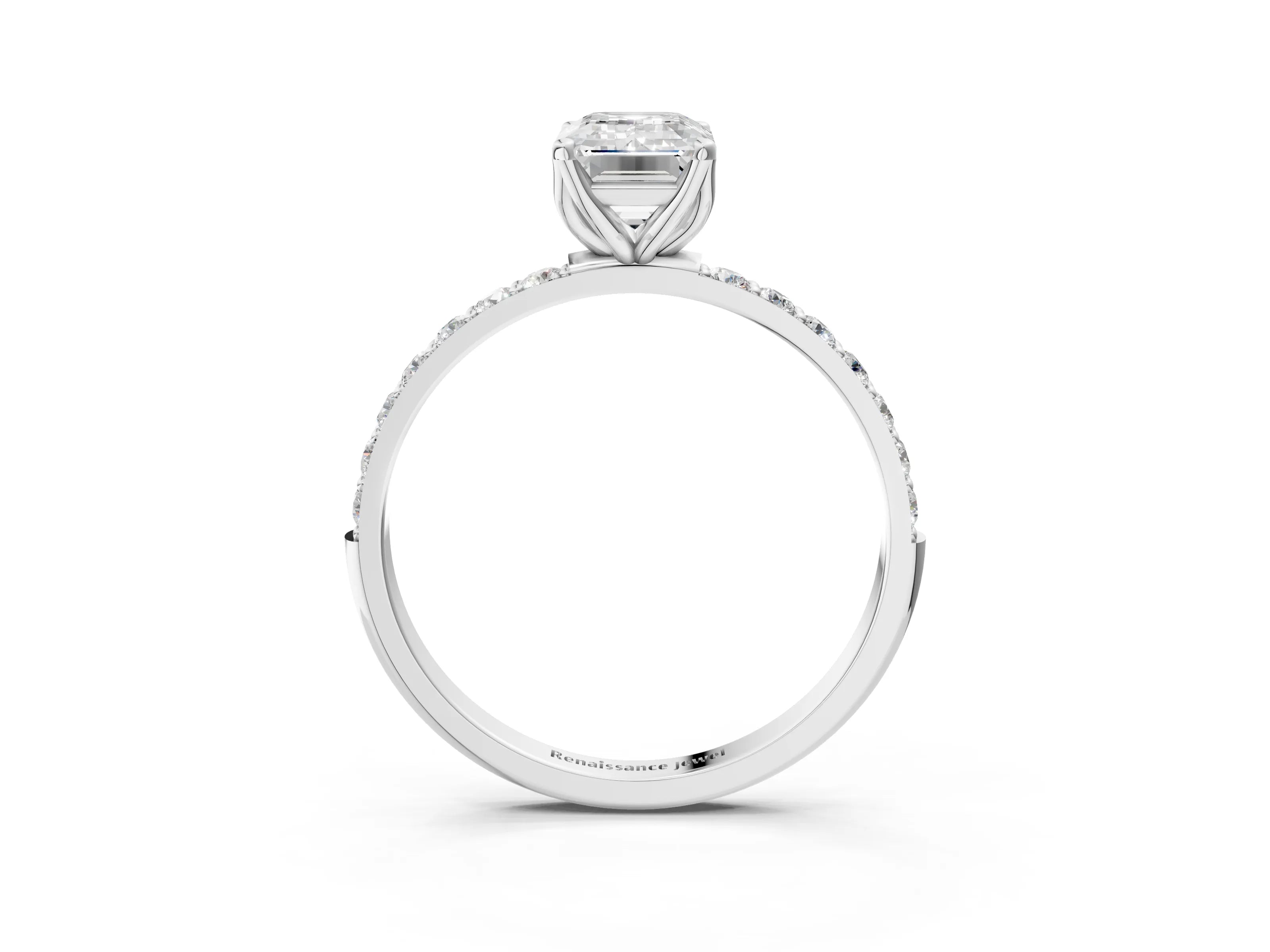 White gold Emerald Cut Diamond Solitaire Engagement Ring with Round with Moissanite side stone Pavé Band and Prong Setting_27