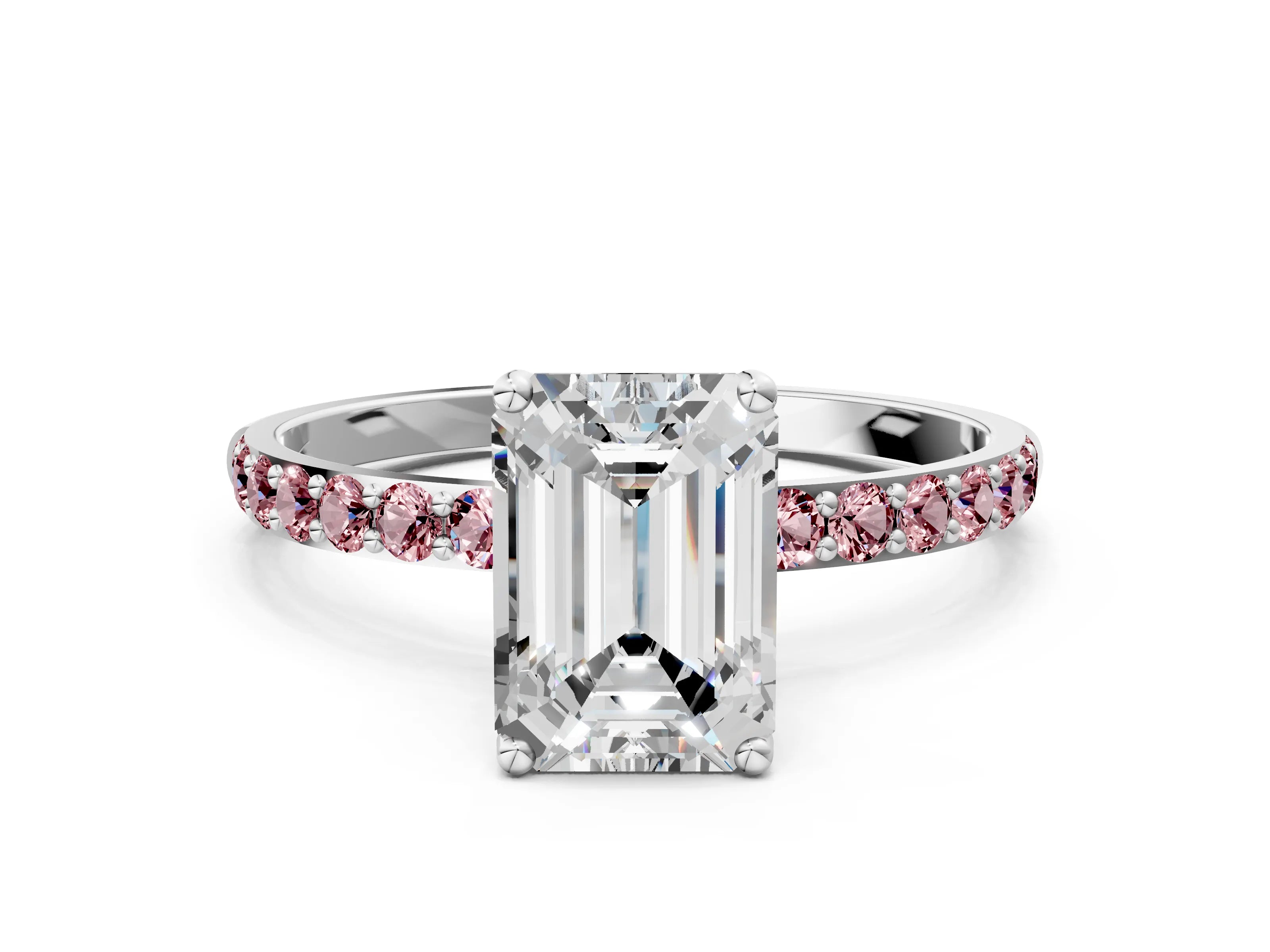 White gold Emerald Cut Diamond Solitaire Engagement Ring with Round with Morganite side stone Pavé Band and Prong Setting_12