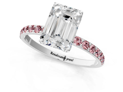 White gold Emerald Cut Diamond Solitaire Engagement Ring with Round with Morganite side stone Pavé Band and Prong Setting_13