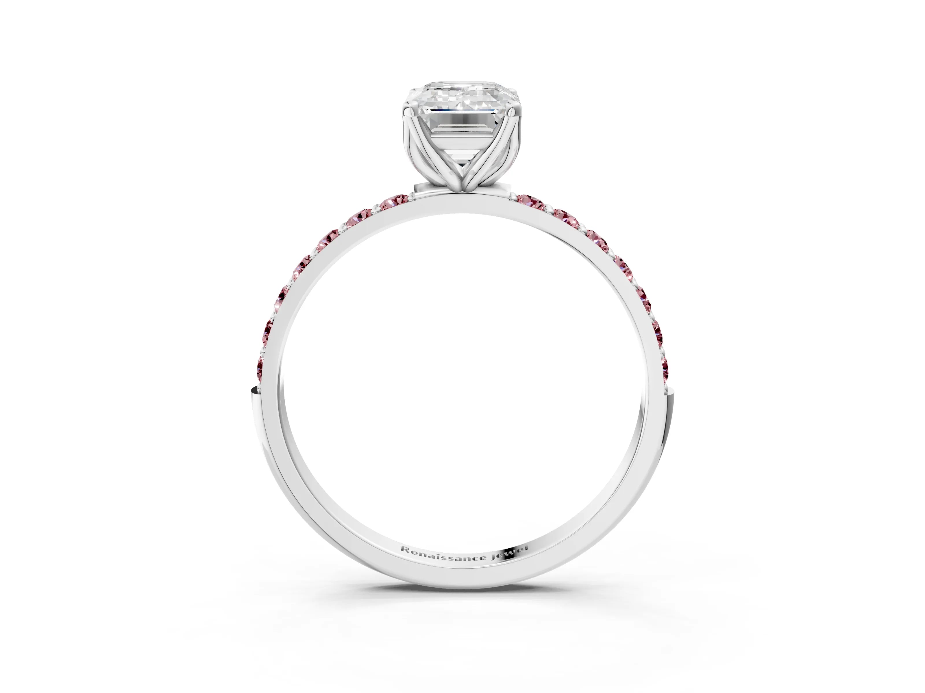 White gold Emerald Cut Diamond Solitaire Engagement Ring with Round with Morganite side stone Pavé Band and Prong Setting_15