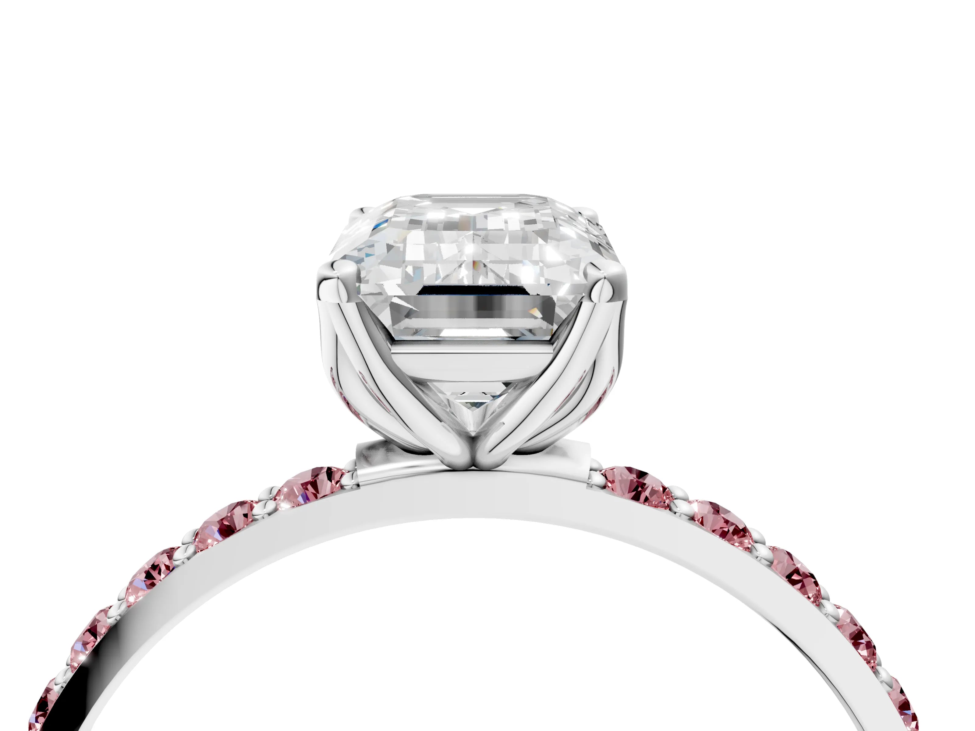 White gold Emerald Cut Diamond Solitaire Engagement Ring with Round with Morganite side stone Pavé Band and Prong Setting_16