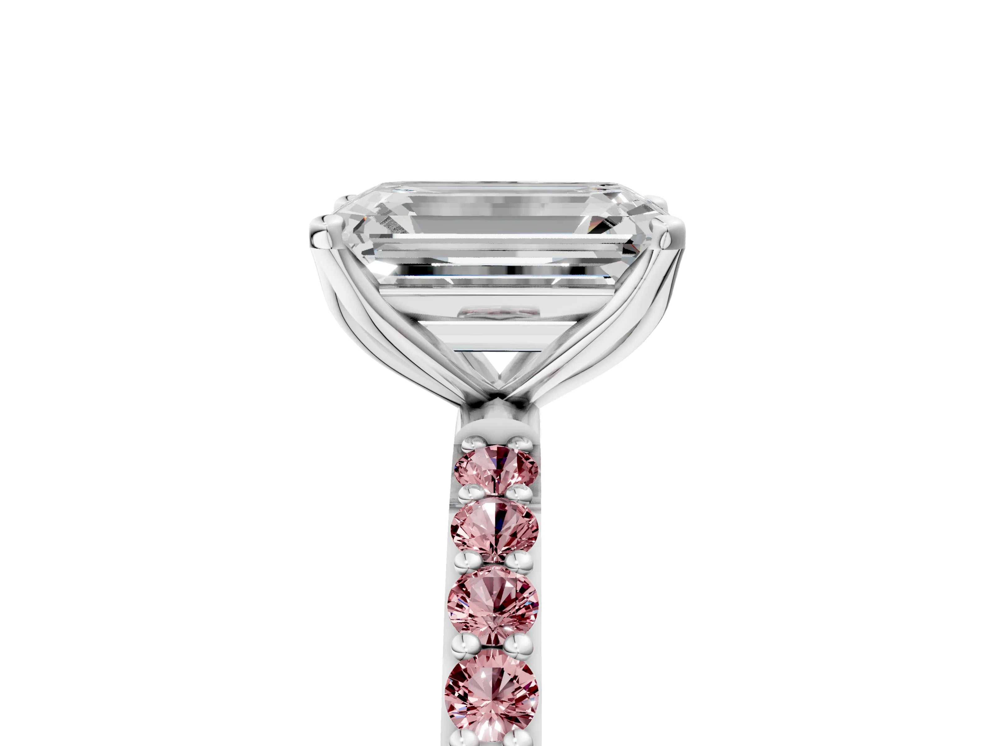 White gold Emerald Cut Diamond Solitaire Engagement Ring with Round with Morganite side stone Pavé Band and Prong Setting_17