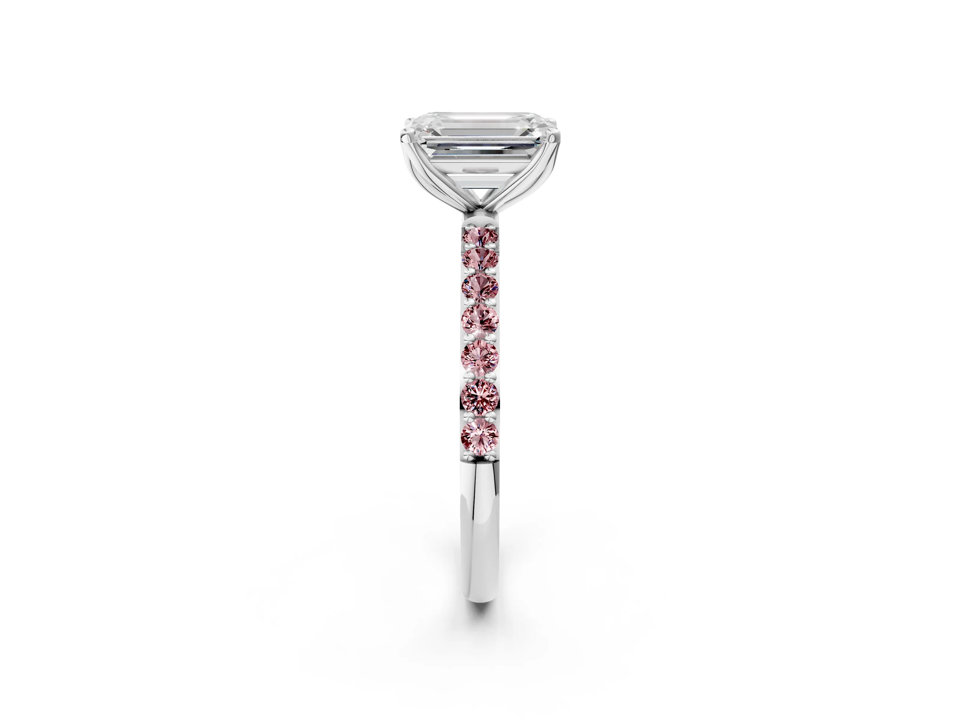 White gold Emerald Cut Diamond Solitaire Engagement Ring with Round with Morganite side stone Pavé Band and Prong Setting_26