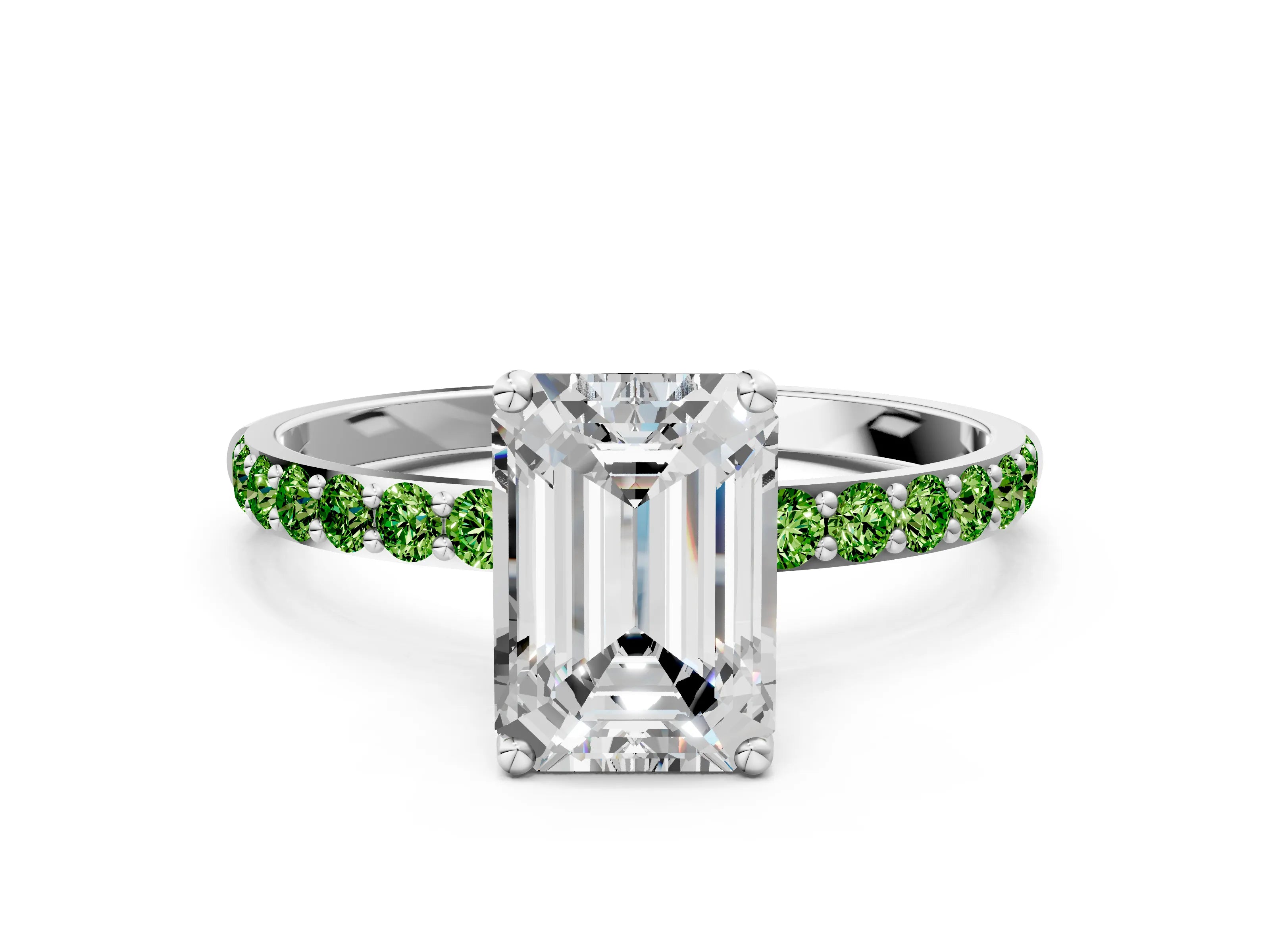 White gold Emerald Cut Diamond Solitaire Engagement Ring with Round with Peridot side stone Pavé Band and Prong Setting