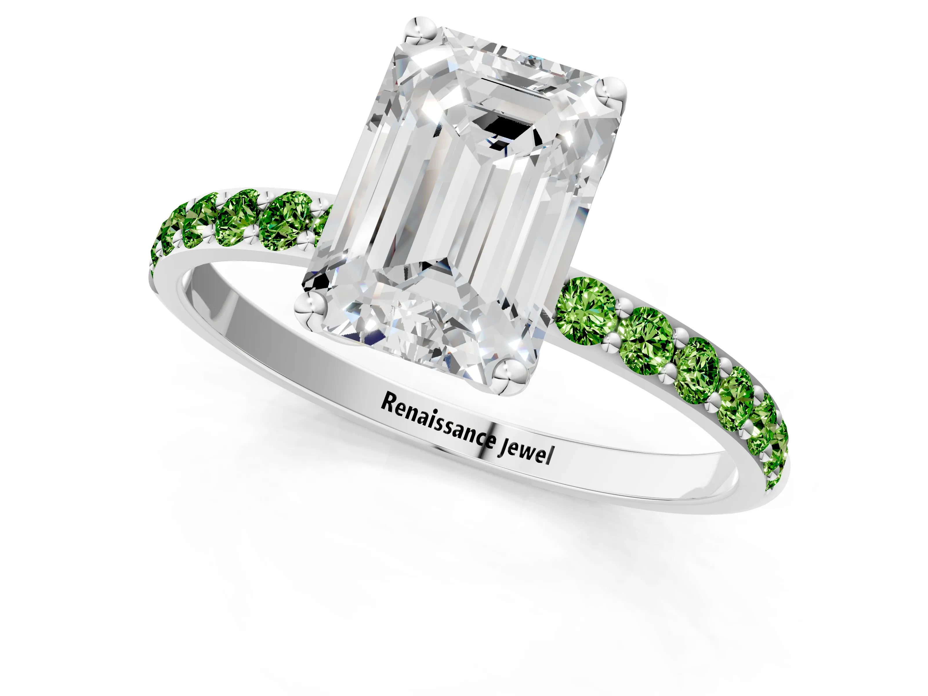 White gold Emerald Cut Diamond Solitaire Engagement Ring with Round with Peridot side stone Pavé Band and Prong Setting_1