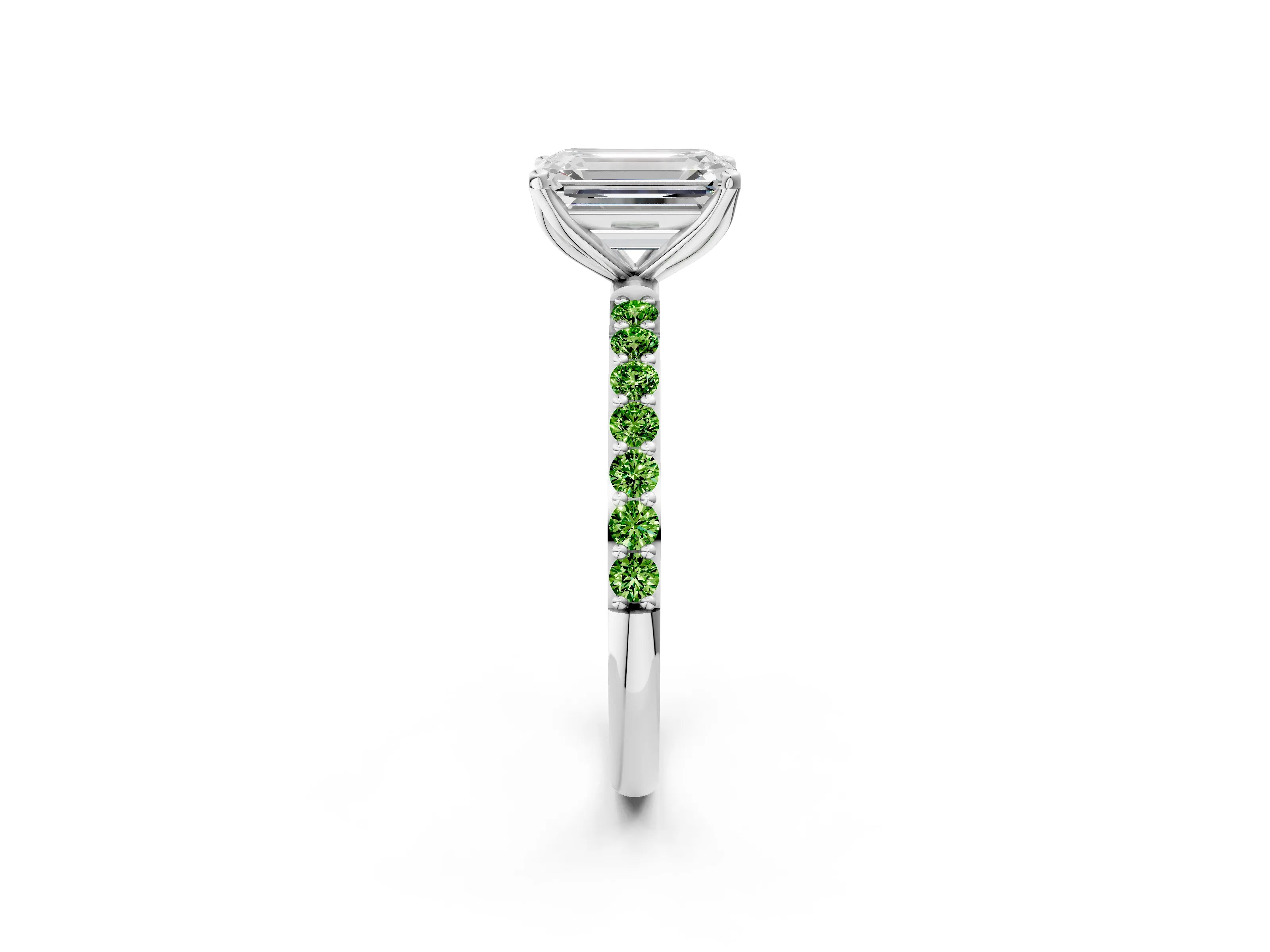 White gold Emerald Cut Diamond Solitaire Engagement Ring with Round with Peridot side stone Pavé Band and Prong Setting_14