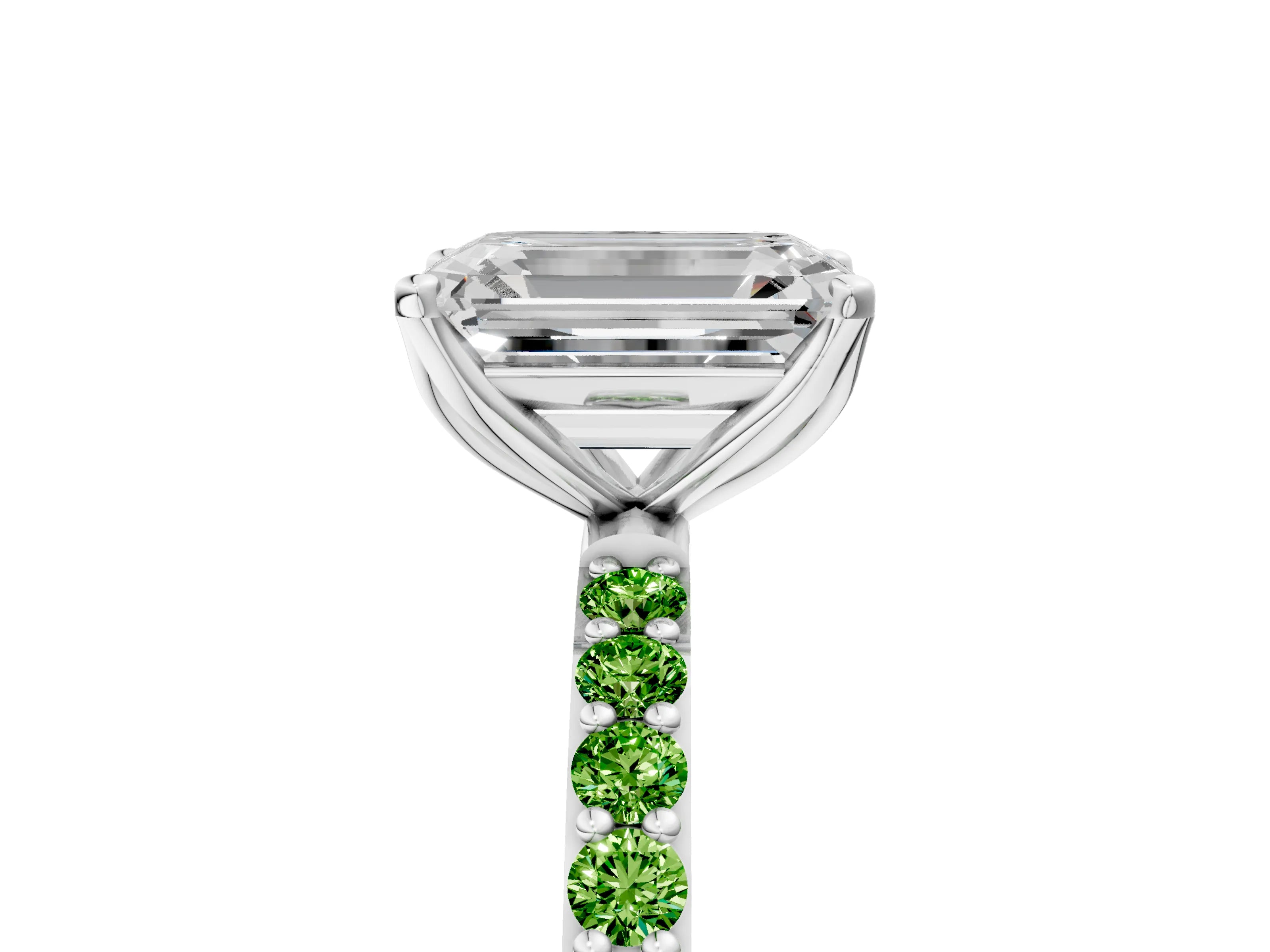 White gold Emerald Cut Diamond Solitaire Engagement Ring with Round with Peridot side stone Pavé Band and Prong Setting_17