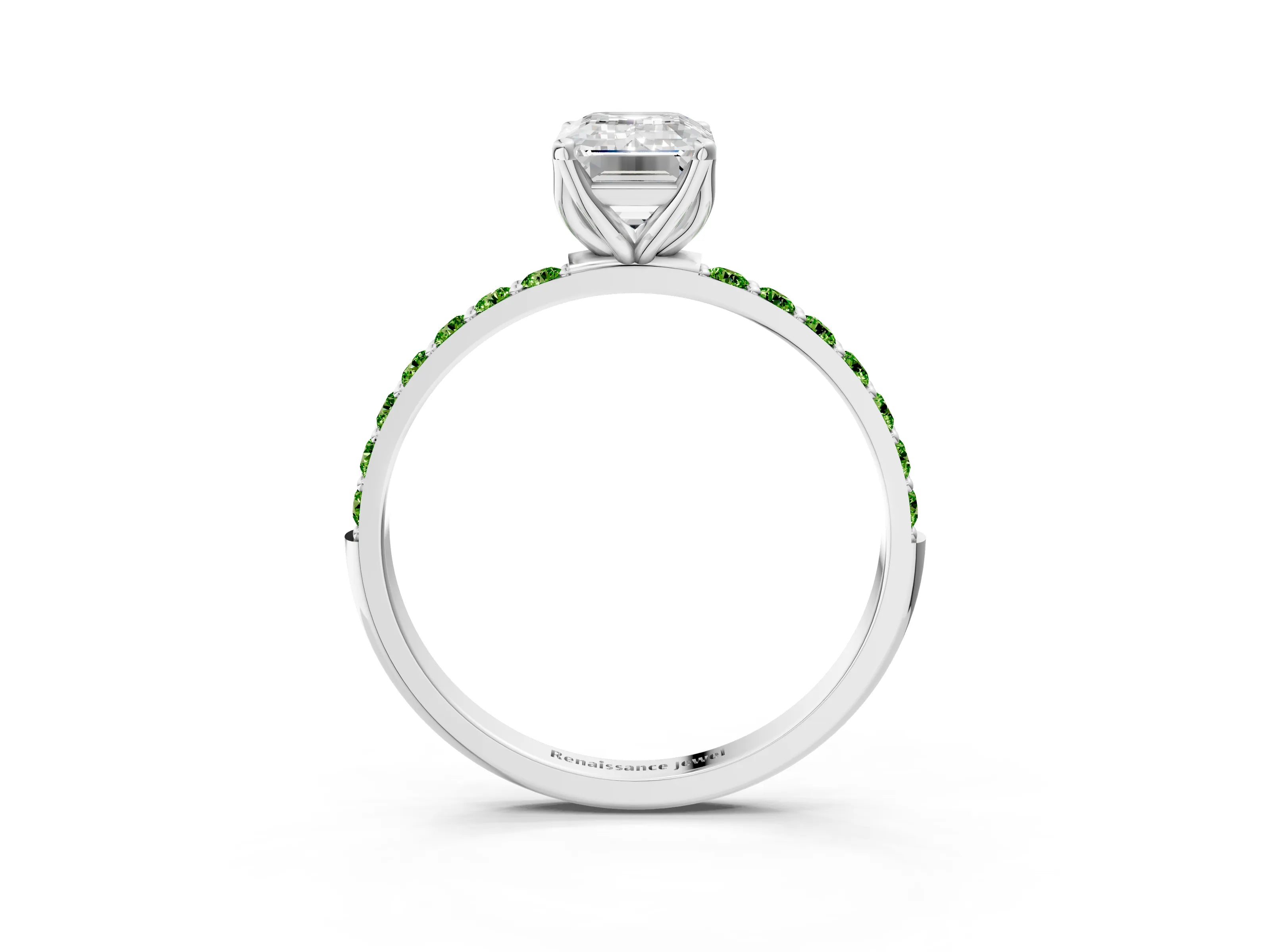 White gold Emerald Cut Diamond Solitaire Engagement Ring with Round with Peridot side stone Pavé Band and Prong Setting_3