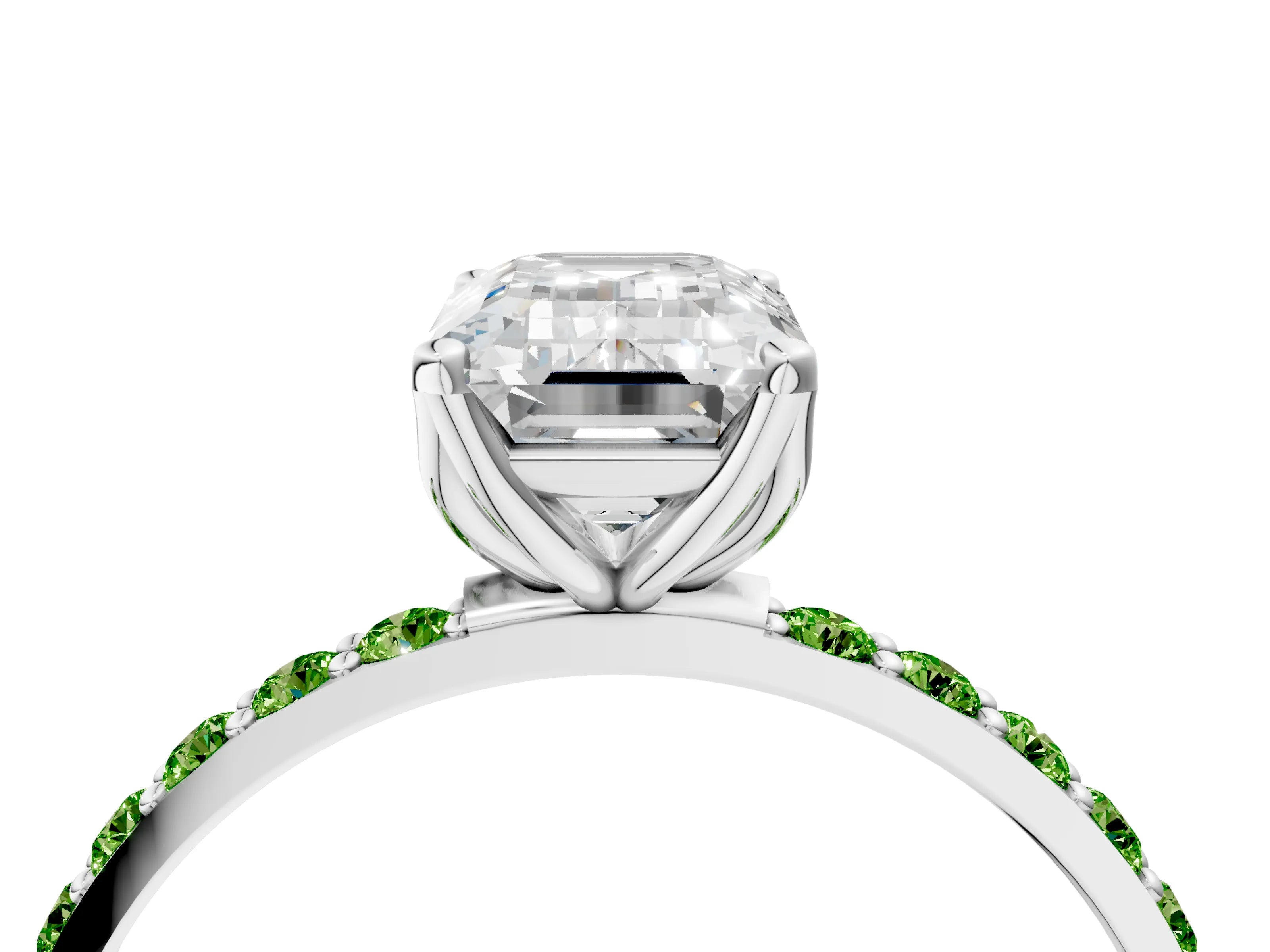 White gold Emerald Cut Diamond Solitaire Engagement Ring with Round with Peridot side stone Pavé Band and Prong Setting_4