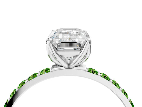 White gold Emerald Cut Diamond Solitaire Engagement Ring with Round with Peridot side stone Pavé Band and Prong Setting_4