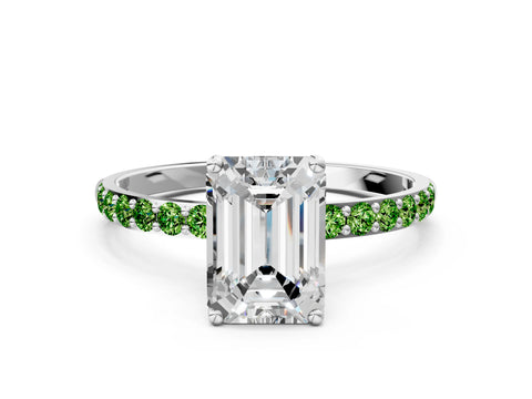 White gold Emerald Cut Diamond Solitaire Engagement Ring with Round with Peridot side stone Pavé Band and Prong Setting