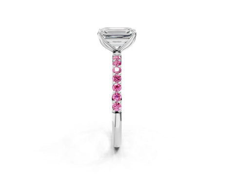 White gold Emerald Cut Diamond Solitaire Engagement Ring with Round with Pink Sapphire side stone Pavé Band and Prong Setting_14