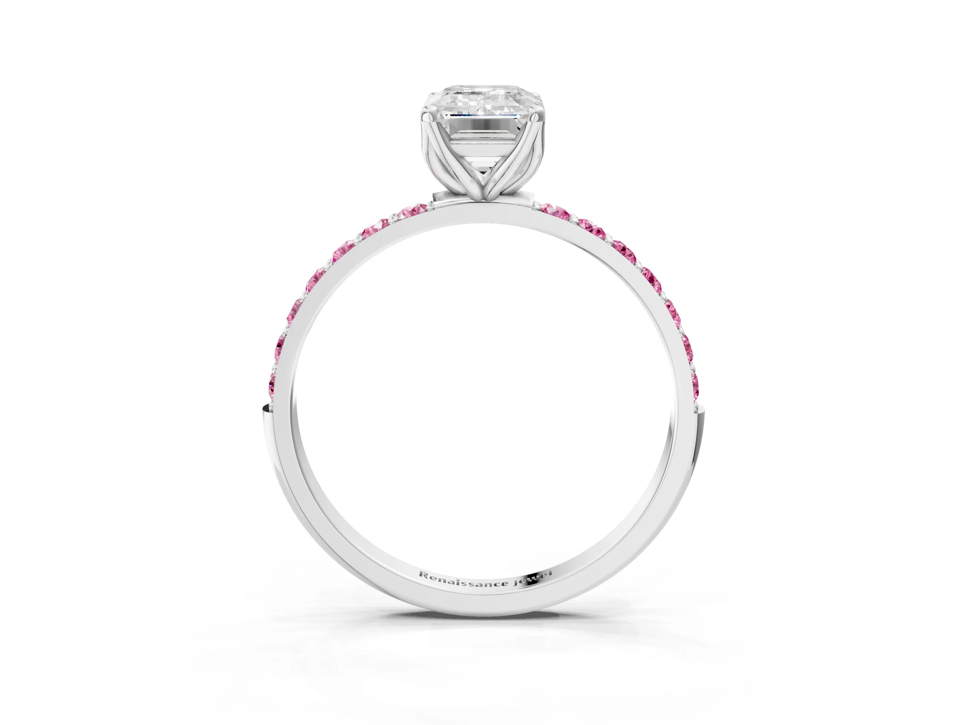 White gold Emerald Cut Diamond Solitaire Engagement Ring with Round with Pink Sapphire side stone Pavé Band and Prong Setting_15