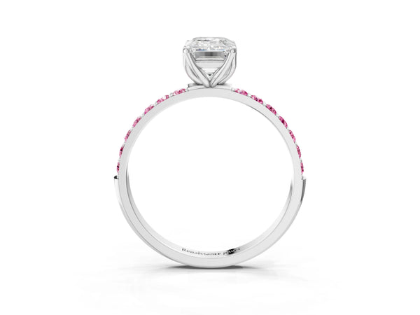 Sterling Silver Emerald Cut Fine Line Pave Engagement Ring Setting with Lab-Grown Pink Sapphire Side Stones