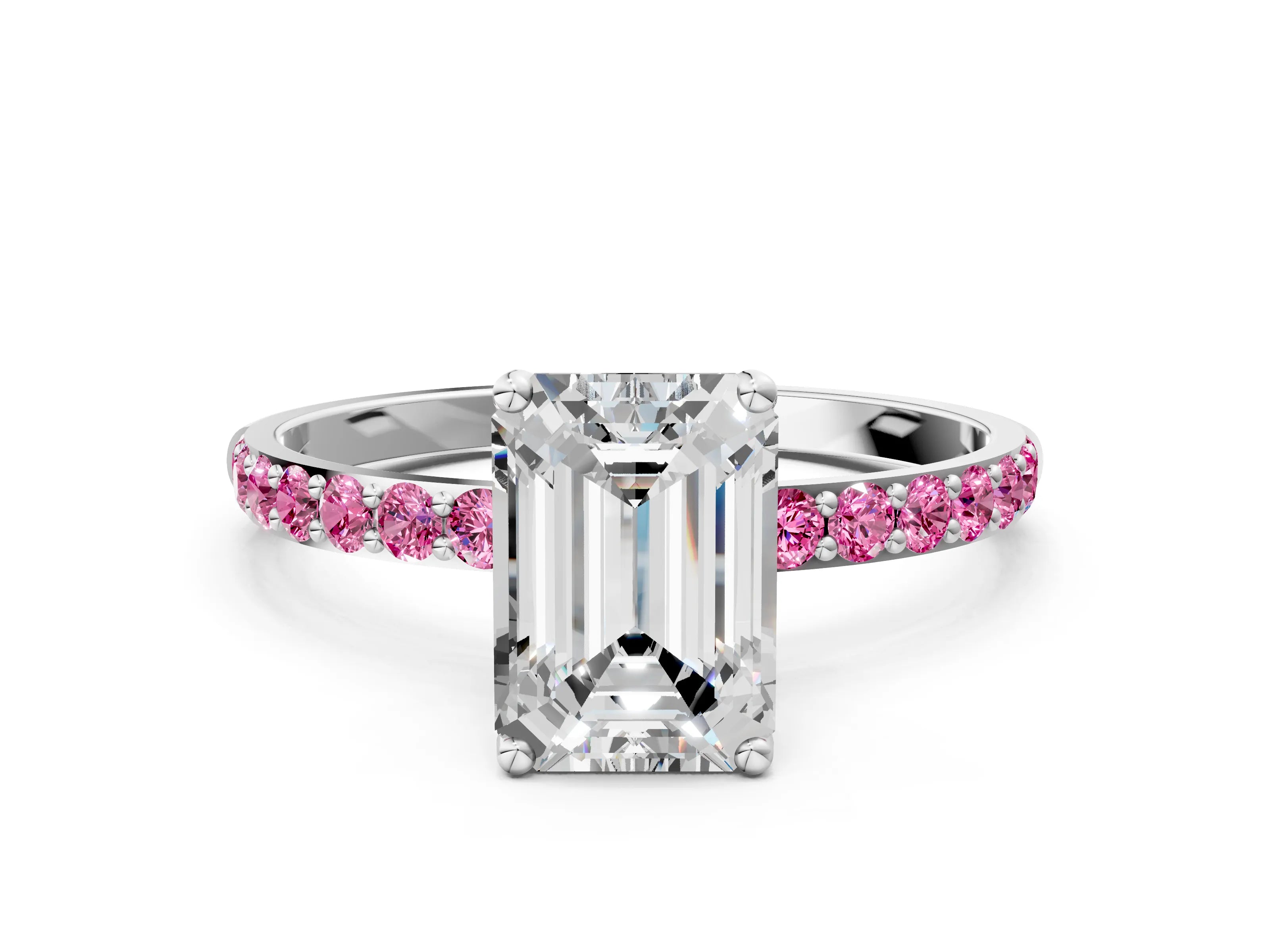 White gold Emerald Cut Diamond Solitaire Engagement Ring with Round with Pink Sapphire side stone Pavé Band and Prong Setting_24