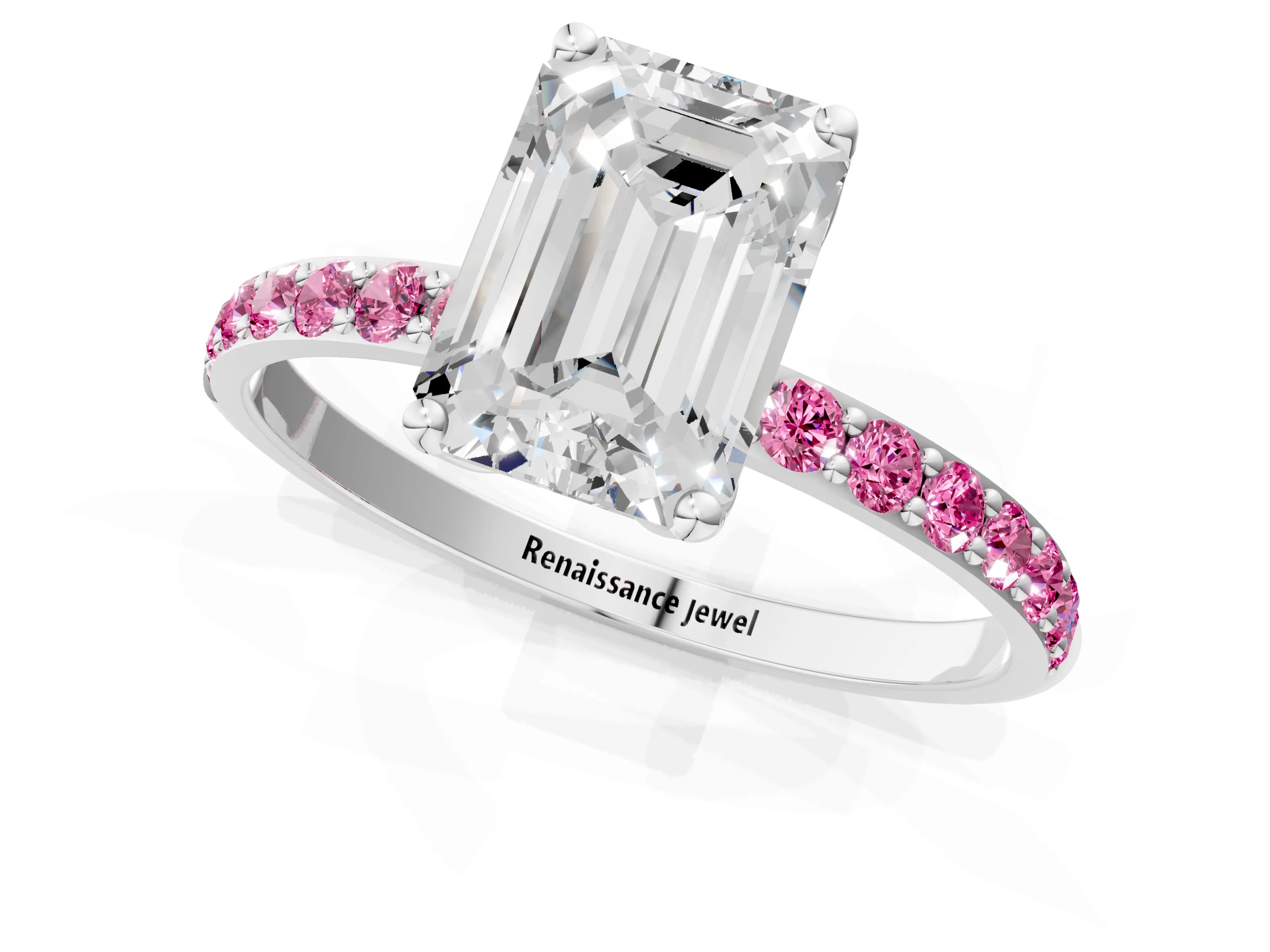 White gold Emerald Cut Diamond Solitaire Engagement Ring with Round with Pink Sapphire side stone Pavé Band and Prong Setting_25