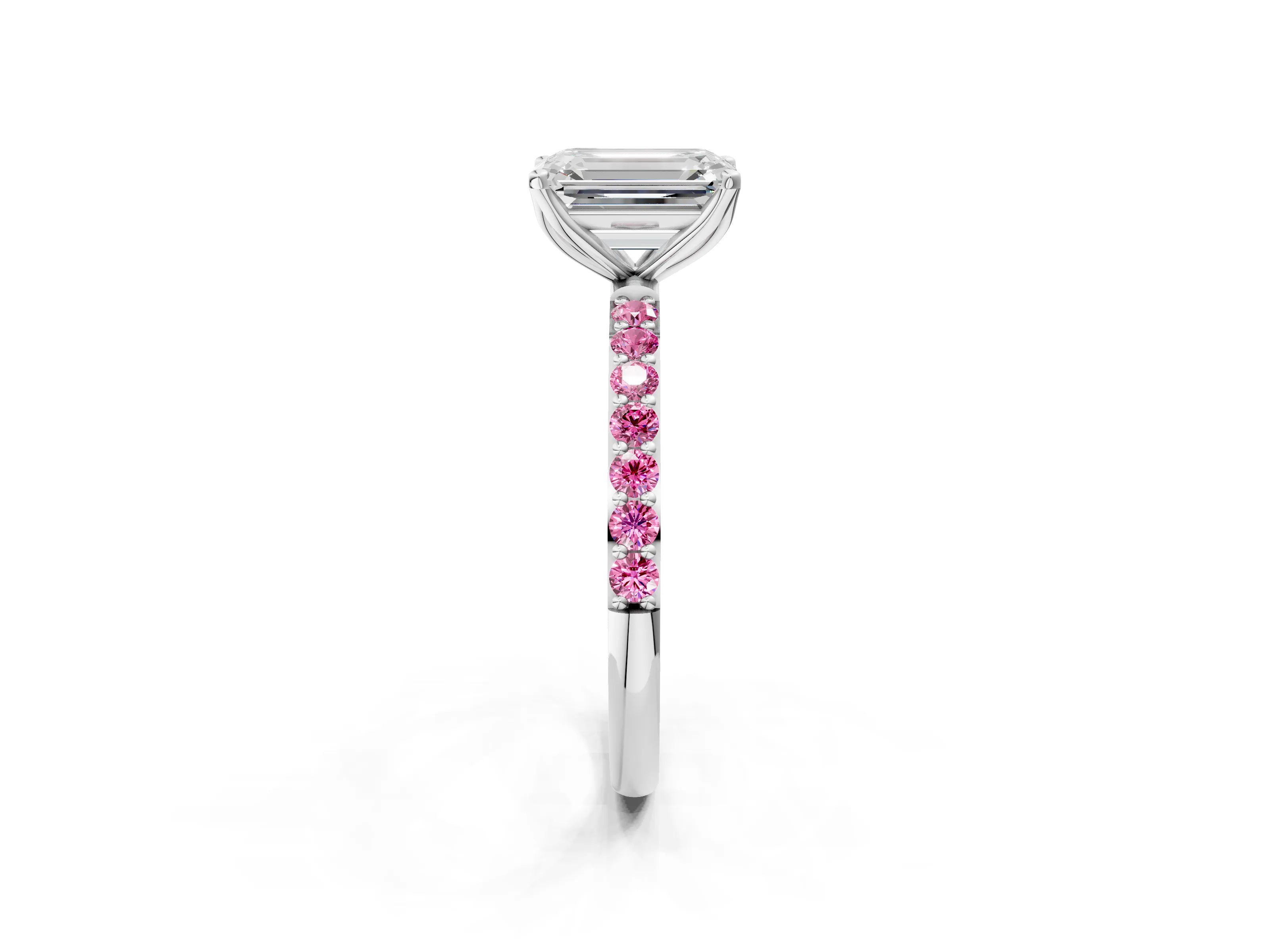 White gold Emerald Cut Diamond Solitaire Engagement Ring with Round with Pink Sapphire side stone Pavé Band and Prong Setting_26