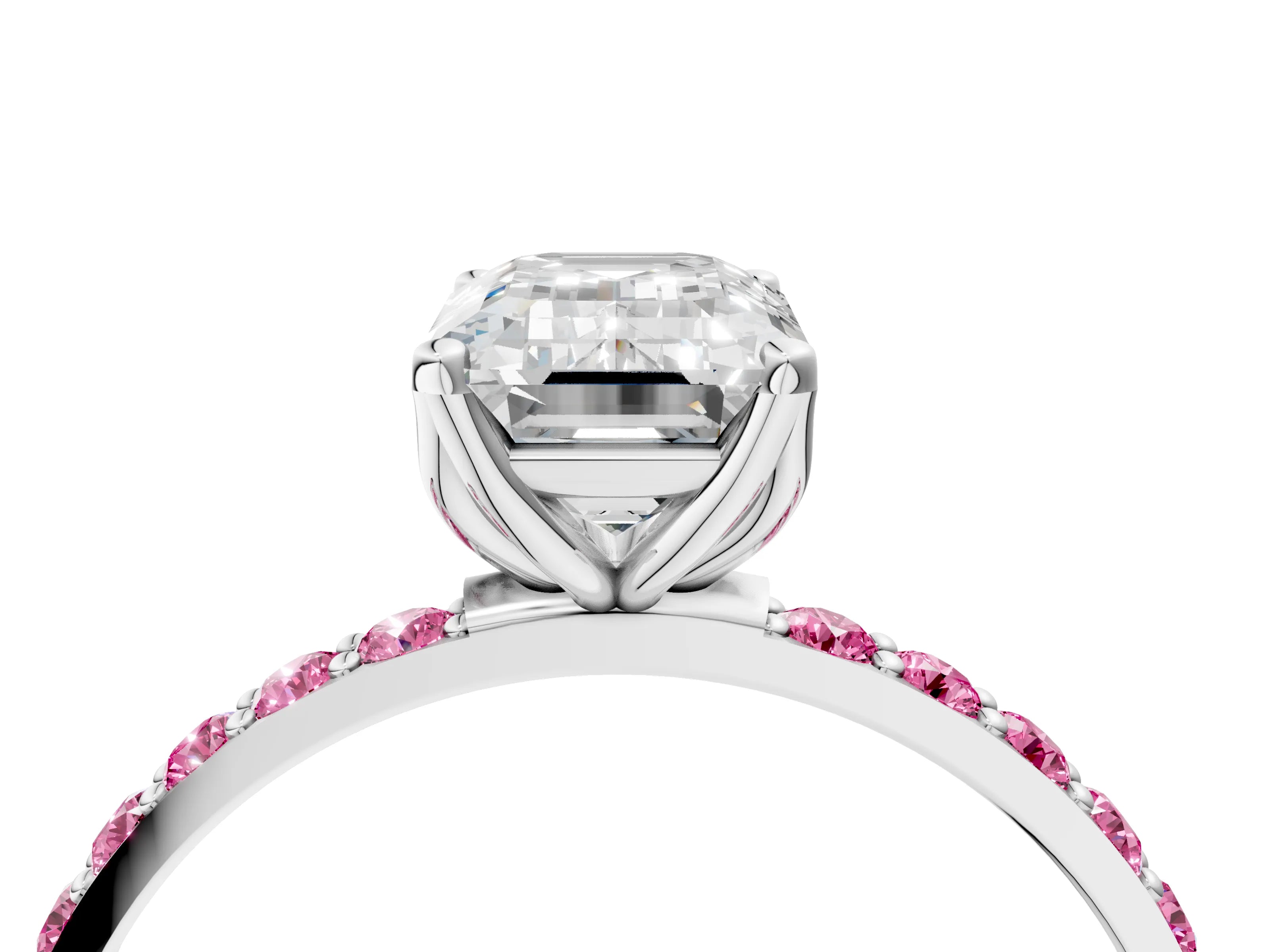 White gold Emerald Cut Diamond Solitaire Engagement Ring with Round with Pink Sapphire side stone Pavé Band and Prong Setting_28