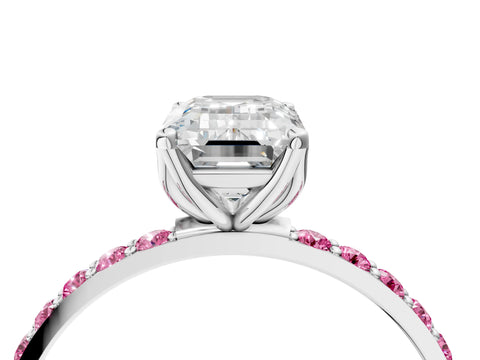 White gold Emerald Cut Diamond Solitaire Engagement Ring with Round with Pink Sapphire side stone Pavé Band and Prong Setting_28