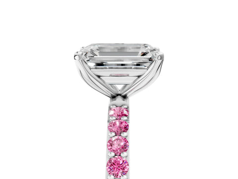 White gold Emerald Cut Diamond Solitaire Engagement Ring with Round with Pink Sapphire side stone Pavé Band and Prong Setting_29