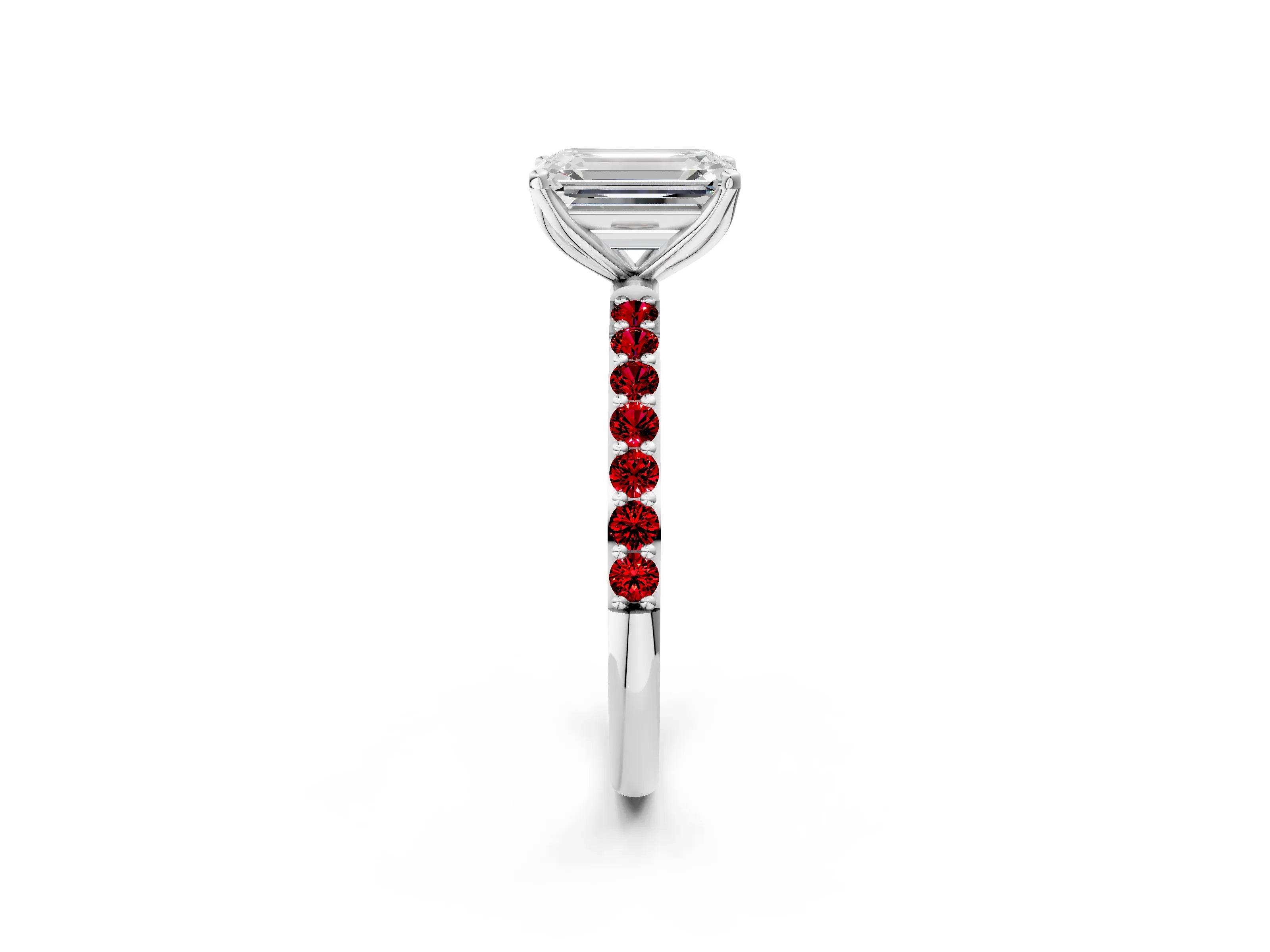 White gold Emerald Cut Diamond Solitaire Engagement Ring with Round with Ruby side stone Pavé Band and Prong Setting_14