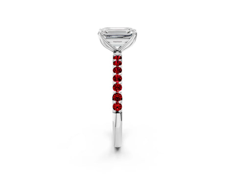 White gold Emerald Cut Diamond Solitaire Engagement Ring with Round with Ruby side stone Pavé Band and Prong Setting_14