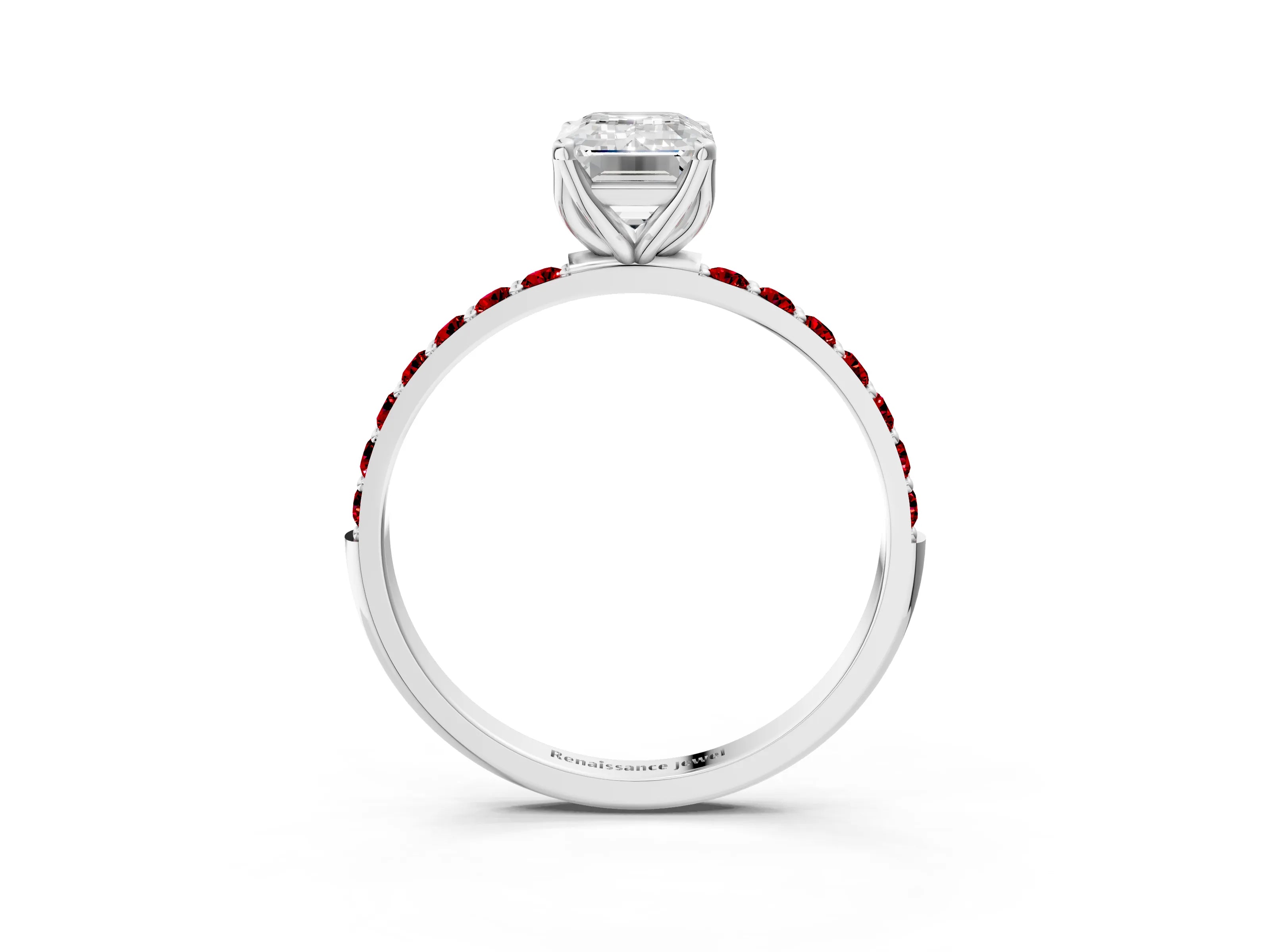 White gold Emerald Cut Diamond Solitaire Engagement Ring with Round with Ruby side stone Pavé Band and Prong Setting_15