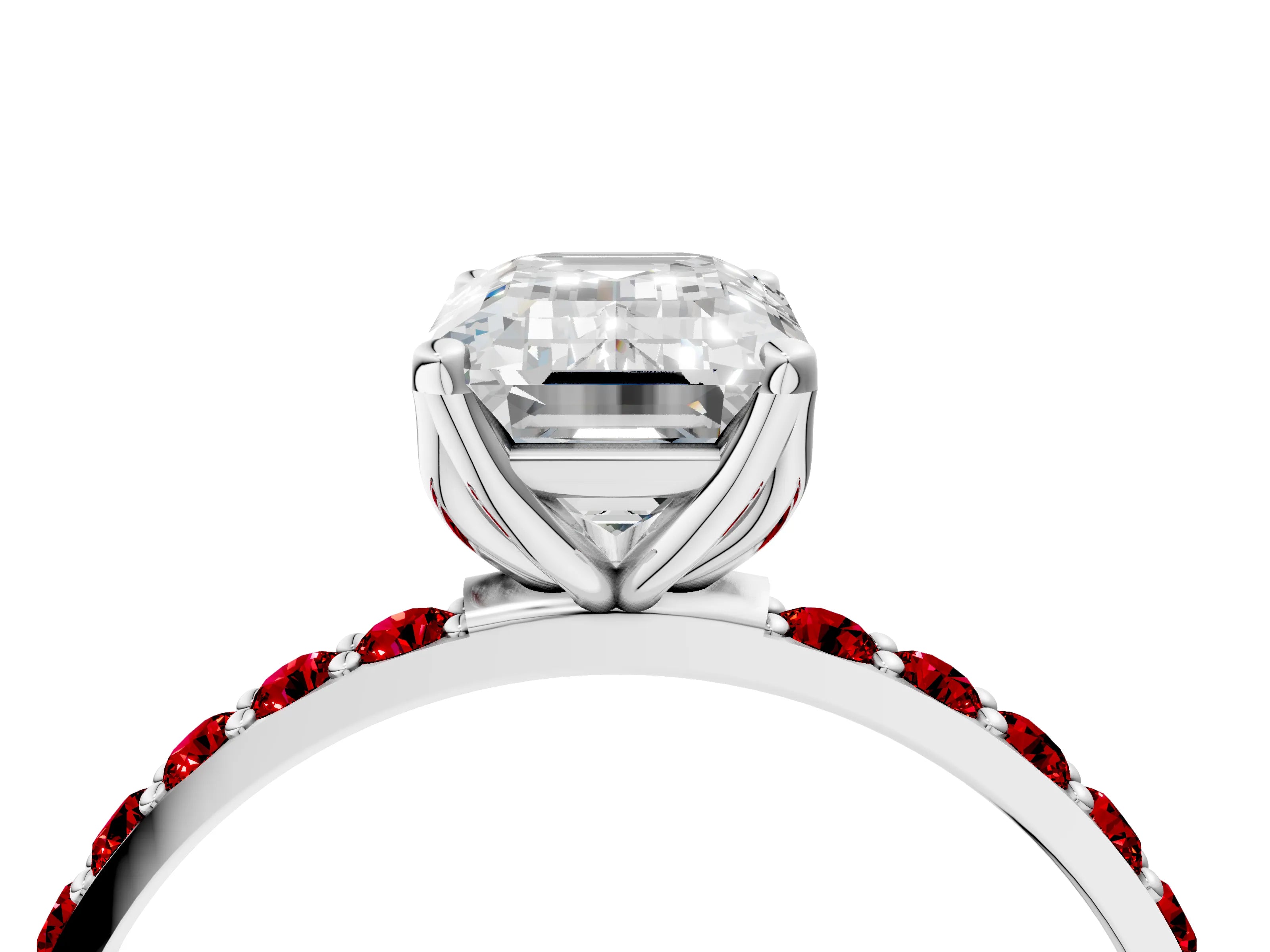 White gold Emerald Cut Diamond Solitaire Engagement Ring with Round with Ruby side stone Pavé Band and Prong Setting_16