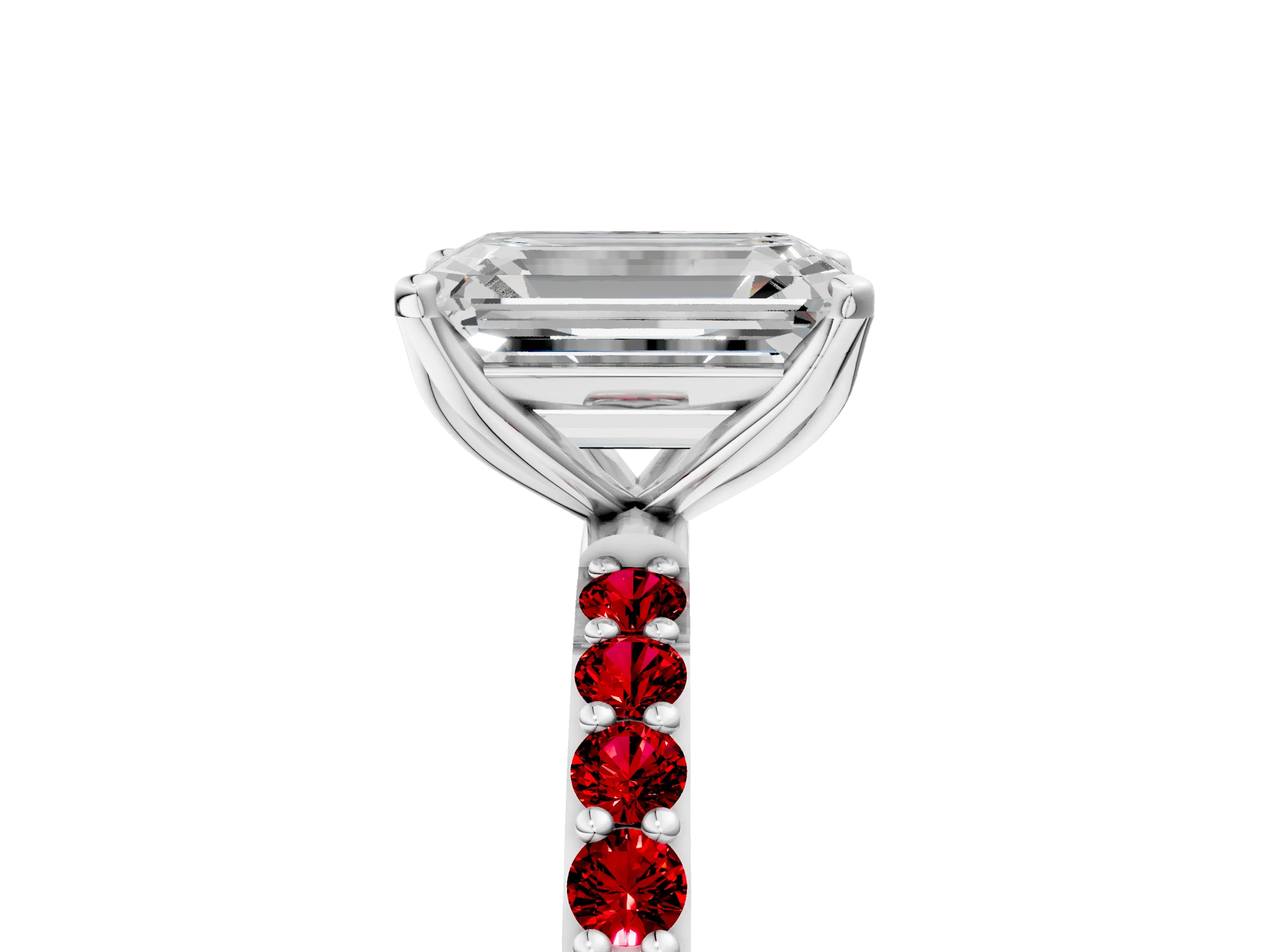 White gold Emerald Cut Diamond Solitaire Engagement Ring with Round with Ruby side stone Pavé Band and Prong Setting_17