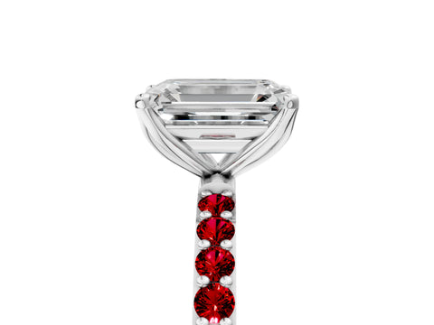 White gold Emerald Cut Diamond Solitaire Engagement Ring with Round with Ruby side stone Pavé Band and Prong Setting_17